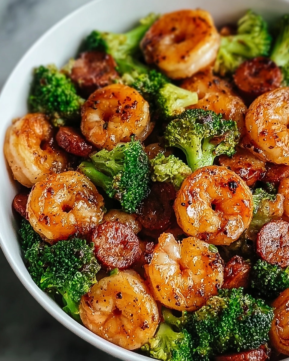 A close-up of a white bowl filled with a stir-fry dish consisting of three main layers: the top layer has large, plump shrimp cooked to a glossy orange with a slight char and sprinkled with black pepper; underneath are vibrant, green broccoli florets with a fresh and slightly glossy texture; scattered among the shrimp and broccoli are small, round pieces of browned sausage that add a rich dark brown color and a slightly crispy texture. The dish is bright and colorful, sitting on a white marbled surface, with light reflecting off the shiny glaze on the shrimp, broccoli, and sausage. photo taken with an iphone --ar 4:5 --v 7