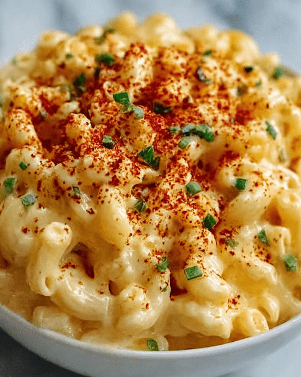 The image shows a close-up of creamy macaroni and cheese in a white bowl, with three to four layers of elbow pasta covered in smooth, light yellow cheese sauce. The top layer is sprinkled with finely chopped green chives and a light dusting of reddish-brown paprika, adding texture and color contrast. The macaroni looks soft and slightly glossy, with the cheese sauce thick and rich, coating every pasta piece evenly. The background is a white marbled texture, making the dish look fresh and inviting. Photo taken with an iphone --ar 4:5 --v 7