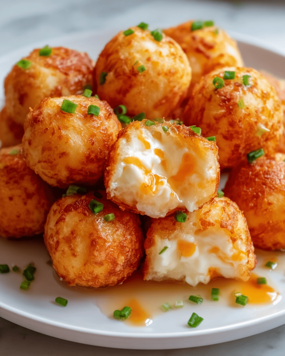 A white plate holds a pile of round golden-brown balls that look crispy on the outside with a soft texture. One ball is cut open in front, showing a creamy, white interior with small orange pieces inside. The balls are topped with small, fresh green herb pieces. The scene is bright, with the plate sitting on a white marbled surface. Photo taken with an iphone --ar 4:5 --v 7