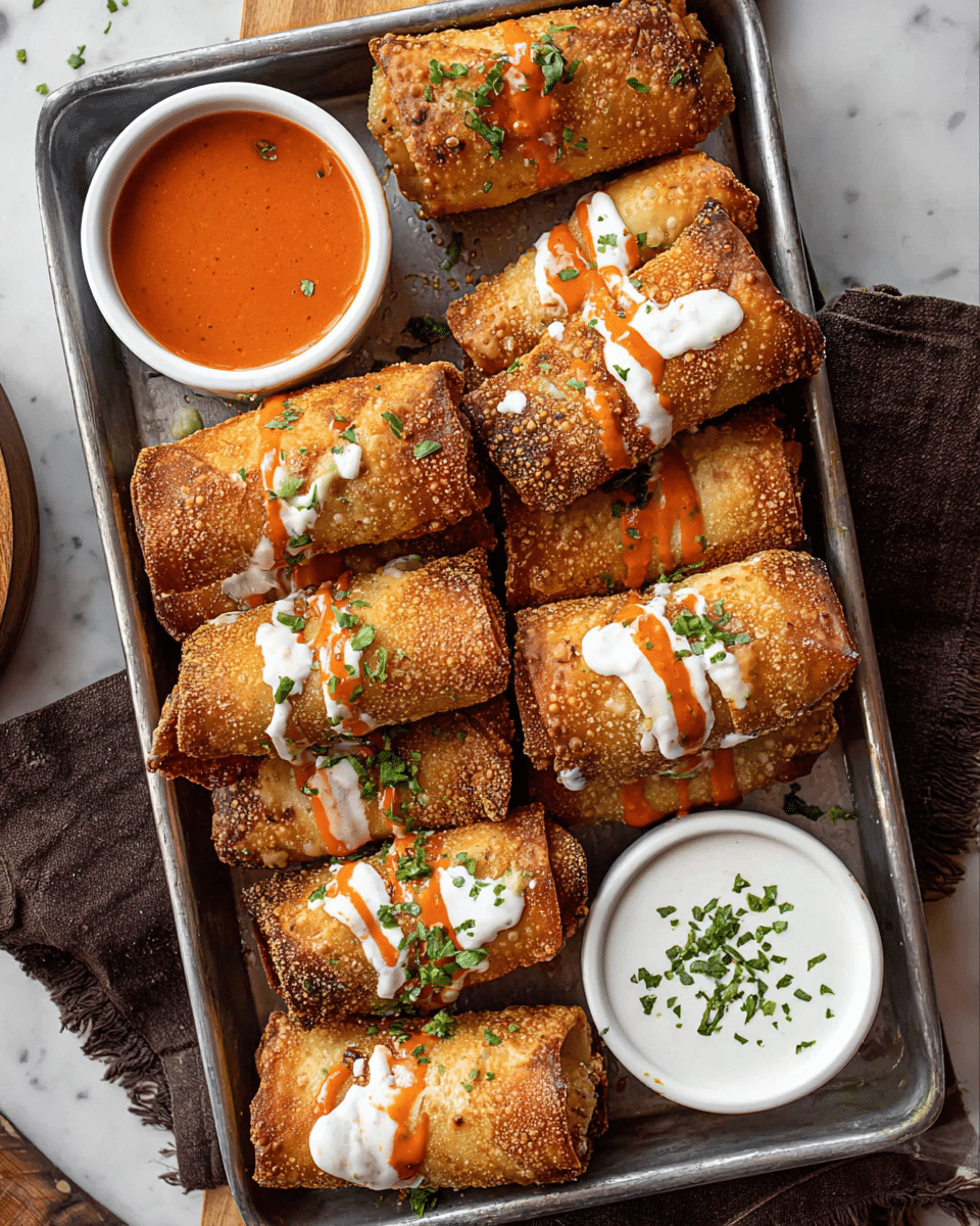 A metal tray filled with seven crispy golden brown egg rolls arranged in a slightly overlapping pile, each topped with drizzles of white creamy sauce and bright orange hot sauce, sprinkled with green chopped herbs. The egg rolls show a crunchy texture with some browned spots. Two small round wooden bowls sit in opposite corners of the tray; one filled with smooth white ranch dressing garnished with herbs and the other with a glossy, deep red-orange dipping sauce. The tray rests on a white marbled surface with some droplets of sauces scattered around. photo taken with an iphone --ar 4:5 --v 7
