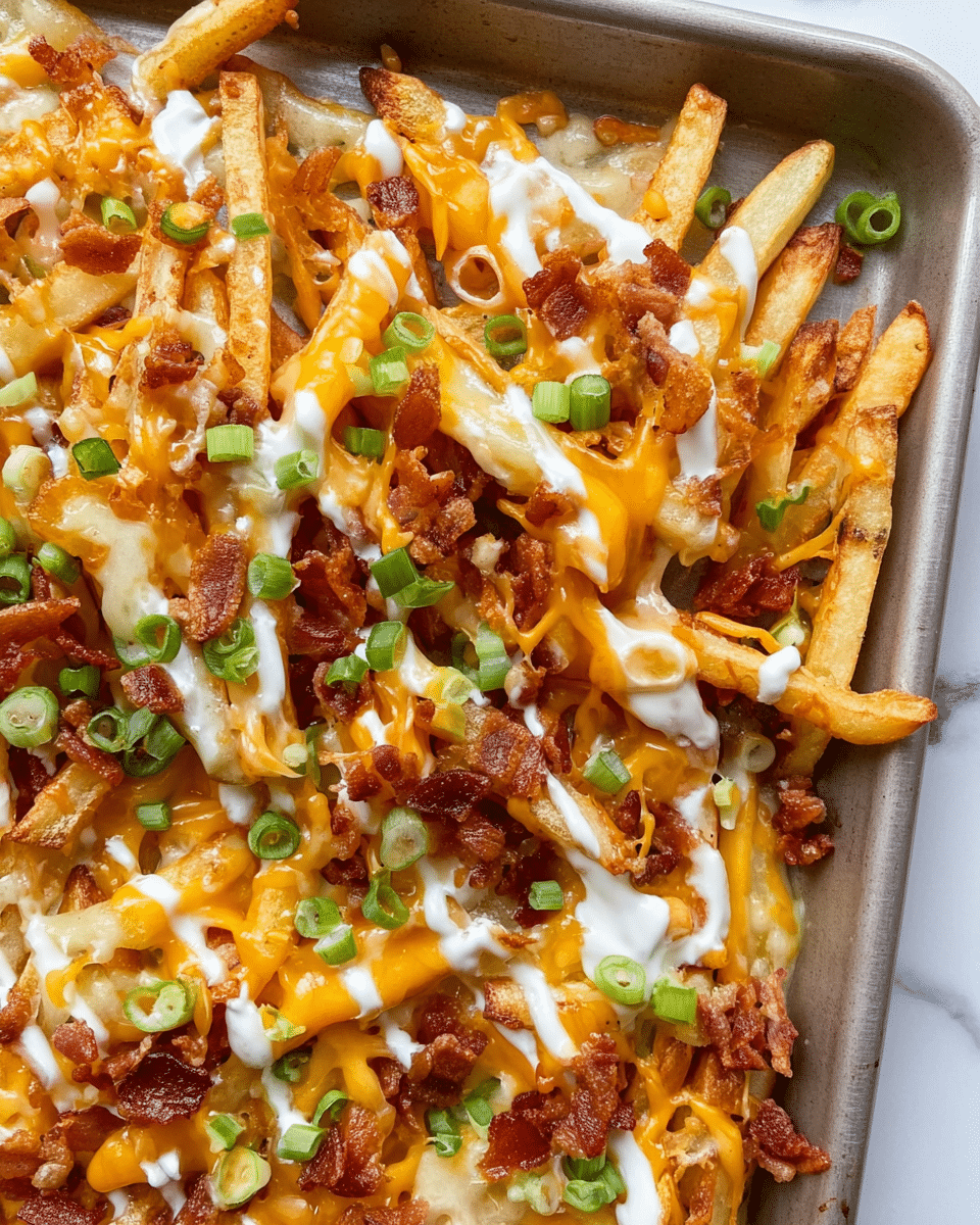 A white square pan filled with a layered dish of crispy golden fries as the base, covered with melted orange cheddar cheese that stretches and blends into the fries, topped with small pieces of dark reddish-brown crispy bacon scattered all over, drizzled with creamy white ranch sauce, and garnished with chopped green onions spread evenly across the top. The pan is placed on a white marbled surface. Photo taken with an iphone --ar 4:5 --v 7