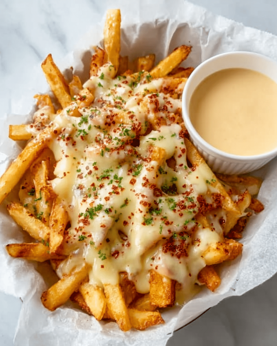 A white bowl lined with white parchment paper holds a generous serving of golden French fries, each fry crispy and slightly irregular in shape. On top, there is a creamy, light yellow cheese sauce that melts smoothly over the fries, with a few small red spice flakes and finely chopped green herbs sprinkled evenly, adding pops of color. To the side, there is a small white cup with a similar creamy sauce, placed on a white marbled surface. The scene is softly lit, showing texture and warmth in the food. Photo taken with an iphone --ar 4:5 --v 7
