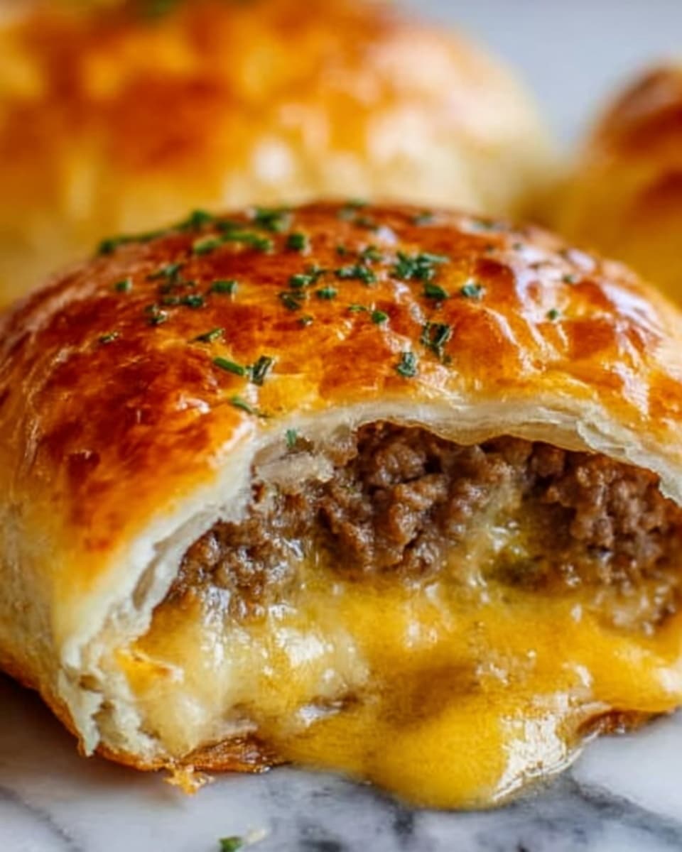 A close-up image shows a soft, golden-brown bread roll with a bite taken out, revealing three inside layers: the top layer is flaky bread with a shiny surface, the middle layer is cooked ground beef with a crumbly texture and dark brown color, and the bottom layer features smooth, melted yellow cheese oozing out slightly. There are small green garnish pieces on top of the bread, and the background shows a white marbled texture. photo taken with an iphone --ar 4:5 --v 7