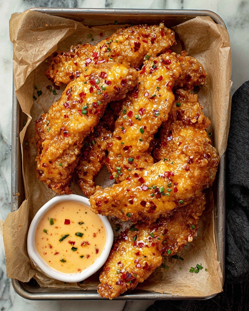 A metal tray lined with light brown parchment holds six pieces of crispy fried chicken tenders arranged in a slightly overlapping pile. Each tender is golden brown with a crunchy texture and is coated with a shiny, translucent glaze speckled with small red chili flakes. Green chopped herbs are sprinkled over the chicken, adding a fresh touch. At the bottom left corner of the tray sits a small white ramekin filled with a creamy, pale orange dipping sauce flecked with red bits. The tray is placed on a white marbled surface with some herbs scattered around. Photo taken with an iphone --ar 4:5 --v 7