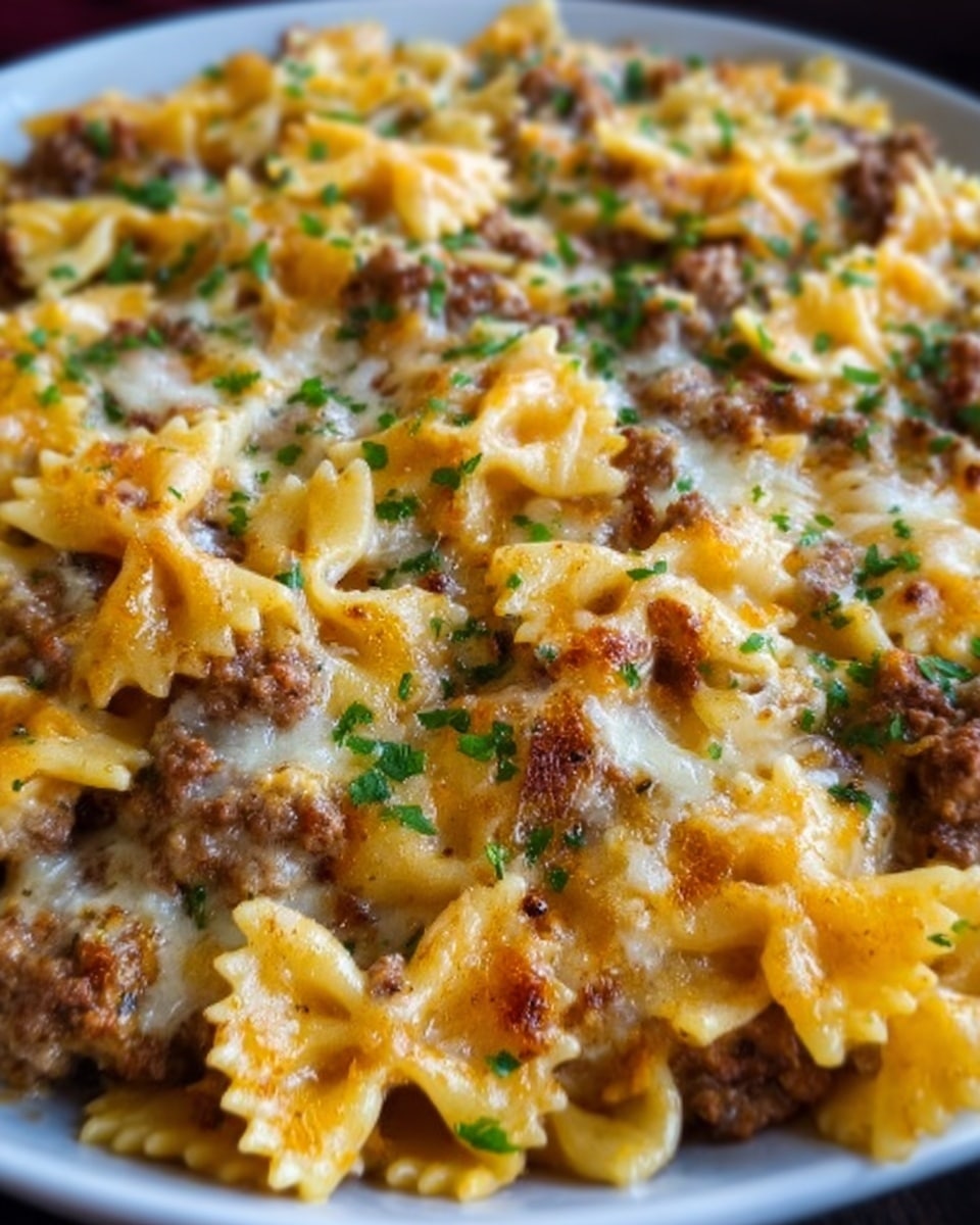 A close-up view of a white plate filled with a layered pasta dish made with farfalle pasta, covered in a creamy, light orange sauce mixed with ground meat and small green herbs sprinkled on top. The pasta is fully coated in sauce, and there is a visible texture of melted cheese and some browned bits indicating baking. The green herbs are scattered evenly across the surface, adding color contrast to the dish. The background is a white marbled texture. photo taken with an iphone --ar 4:5 --v 7