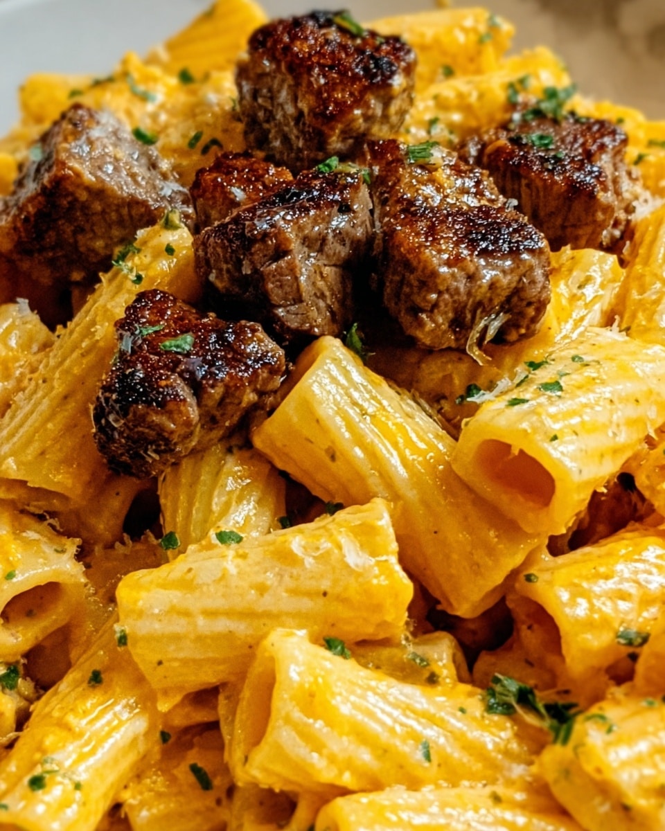 The dish shows a close-up of rigatoni pasta covered in a creamy orange sauce, with small bits of green herbs sprinkled on top. On top of the pasta, there are several pieces of dark brown grilled meat with a slightly charred texture. The pasta and meat sit together, with the meat pieces mainly centered and the pasta surrounding them. The background is a white marbled surface. photo taken with an iphone --ar 4:5 --v 7