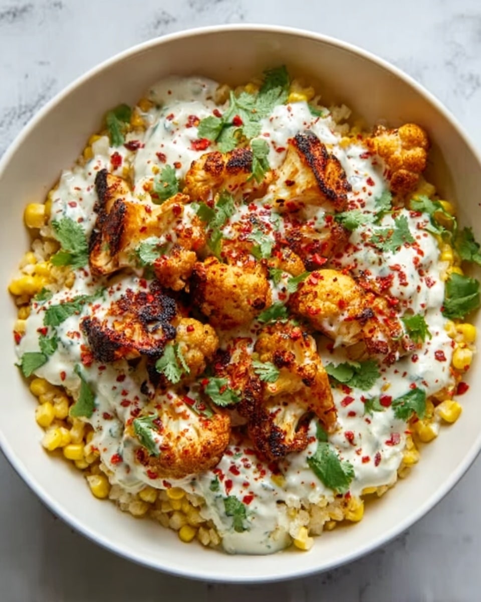 A white bowl filled with a base layer of yellow corn with a slightly shiny texture, topped with several pieces of roasted cauliflower that are golden brown with some charred edges. On top of the cauliflower, there is a creamy white sauce spread unevenly, sprinkled with small red chili flakes and garnished with green cilantro leaves scattered around. The bowl is set on a white marbled surface. photo taken with an iphone --ar 4:5 --v 7