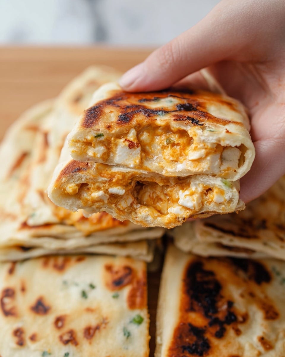 A close-up view shows a woman's hand holding a half-eaten round flatbread with one visible layer of light golden dough that has a soft and slightly chewy texture, filled with a creamy mixture inside that looks like melted cheese and possibly some herbs or small vegetable pieces. Below the held piece is a pile of similar flatbreads, with a golden-brown charred pattern on top, lying on a white marbled surface. The flatbreads have a slightly puffy appearance with uneven browning and some green herb bits on top. photo taken with an iphone --ar 4:5 --v 7