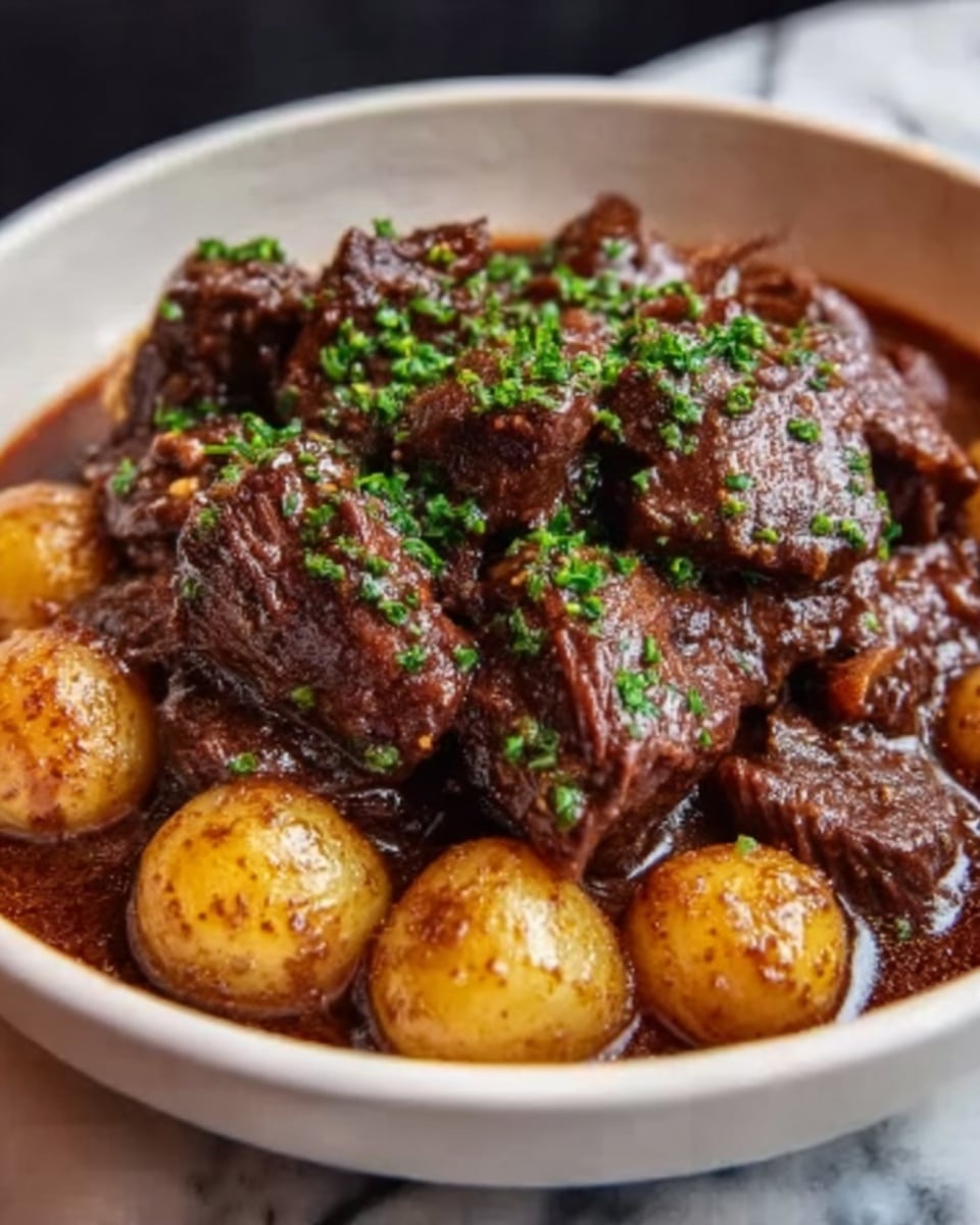 A white bowl filled with a rich, dark brown beef stew featuring large, tender chunks of beef on top and surrounded by whole small golden potatoes coated in the thick sauce. Bright green chopped herbs are sprinkled over the stew, adding a fresh touch of color. The beef pieces have a textured, slightly glossy look from the sauce, while the potatoes show a smooth surface. The background is a white marbled texture. photo taken with an iphone --ar 4:5 --v 7