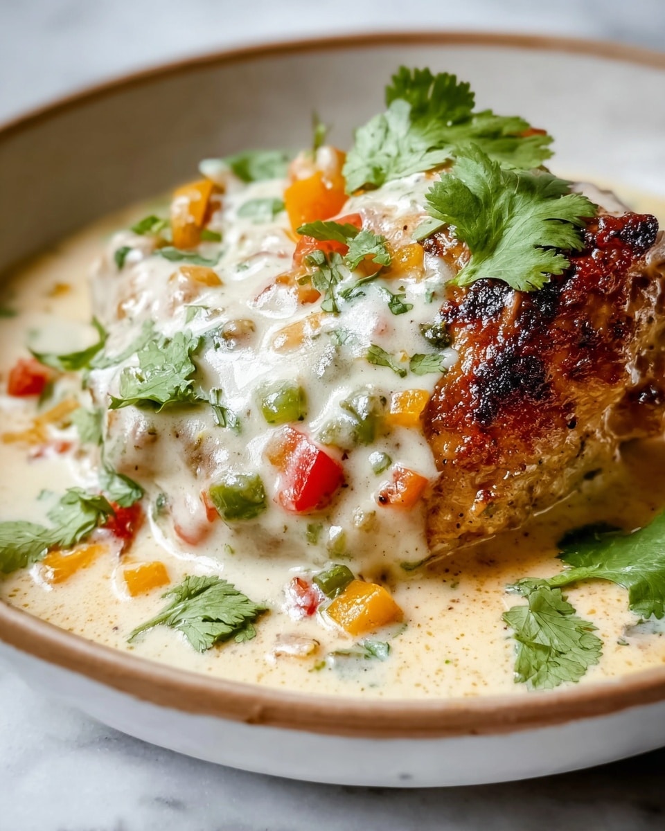 A close-up view of a single grilled chicken piece, browned and charred on the outside, covered heavily with a thick, creamy sauce that is white with small bits of orange, green, and red vegetables mixed in. The sauce pools around the base of the chicken in a shallow white bowl with a light brown rim. Fresh green cilantro leaves are placed on top and scattered in the sauce, adding a pop of color. The background is a white marbled surface. photo taken with an iphone --ar 4:5 --v 7