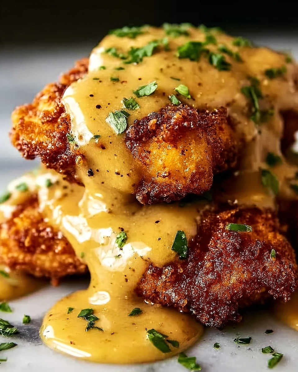The image shows a close-up of two fried chicken pieces stacked on top of each other on a white plate, covered generously with a thick, creamy mustard-colored sauce that drips down the sides. The crispy chicken layers are golden brown and textured with crunchy bits, while the sauce is smooth and speckled with small black pepper pieces. The dish is garnished with finely chopped green herbs scattered on top of the sauce and around the plate. The plate is placed on a white marbled surface. photo taken with an iphone --ar 4:5 --v 7