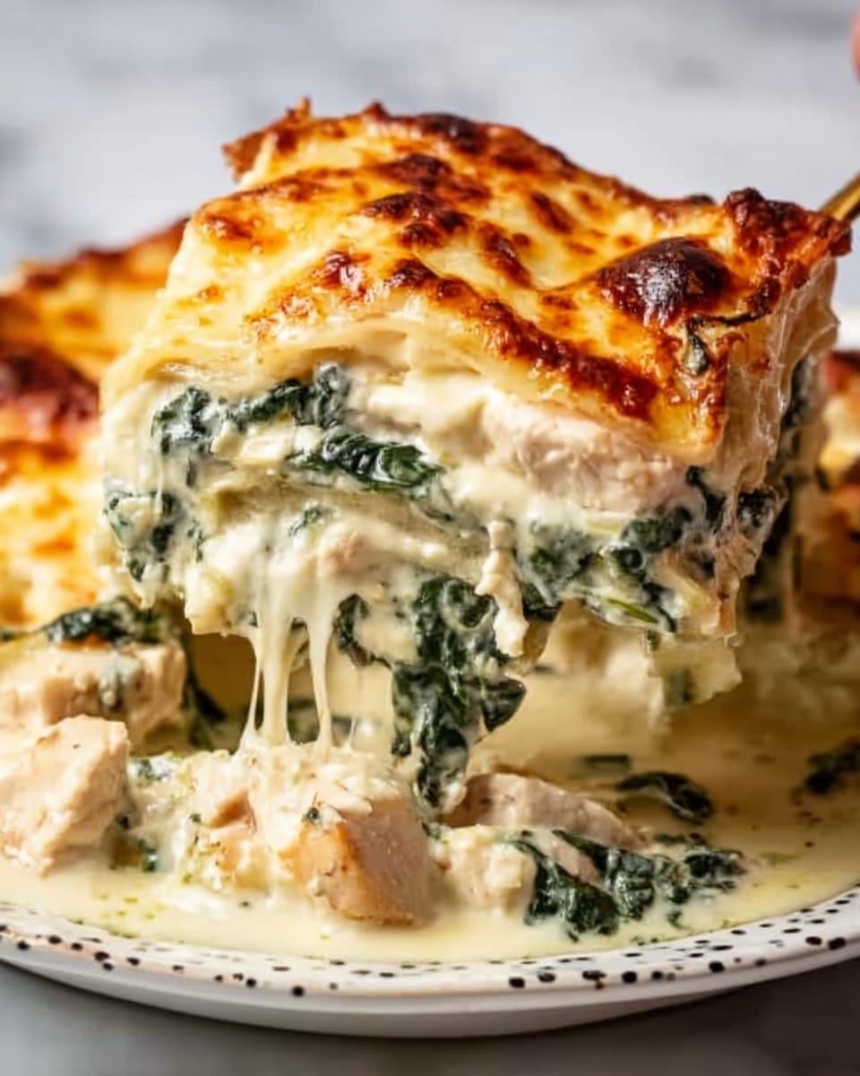 The image shows a close-up of a cheesy baked dish served on a white plate. The dish has multiple layers, starting with a creamy white sauce at the bottom, followed by dark green spinach leaves that have a soft texture. On top of the spinach, there are chunks of light-colored cooked chicken. The dish is covered with a thick layer of melted, golden-brown cheese that looks bubbly and slightly browned in spots. The cheese is stretchy and gooey, with some cheese strands pulling away from the dish as a piece is lifted. The background is a white marbled surface. Photo taken with an iphone --ar 4:5 --v 7