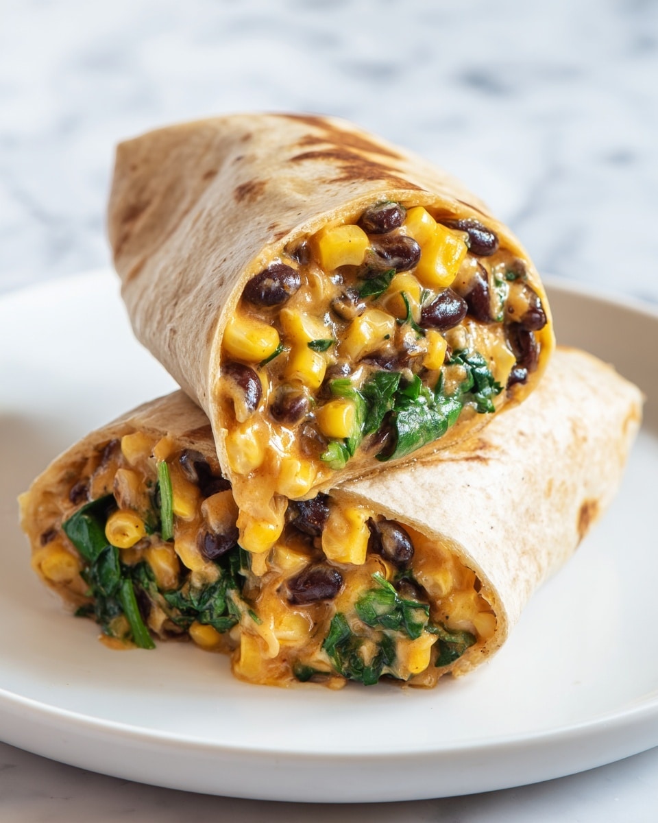 A close-up image of a white plate holding two burrito halves stacked with the cut sides facing front. Each half shows layers of soft beige tortilla wrapped around a colorful filling made of black beans, bright yellow corn, melted cheese, green spinach or herbs, and small bits of onion. The filling looks moist and slightly creamy, with the cheese stretching a little. The background is softly blurred with green leaves and a white marbled surface. photo taken with an iphone --ar 4:5 --v 7