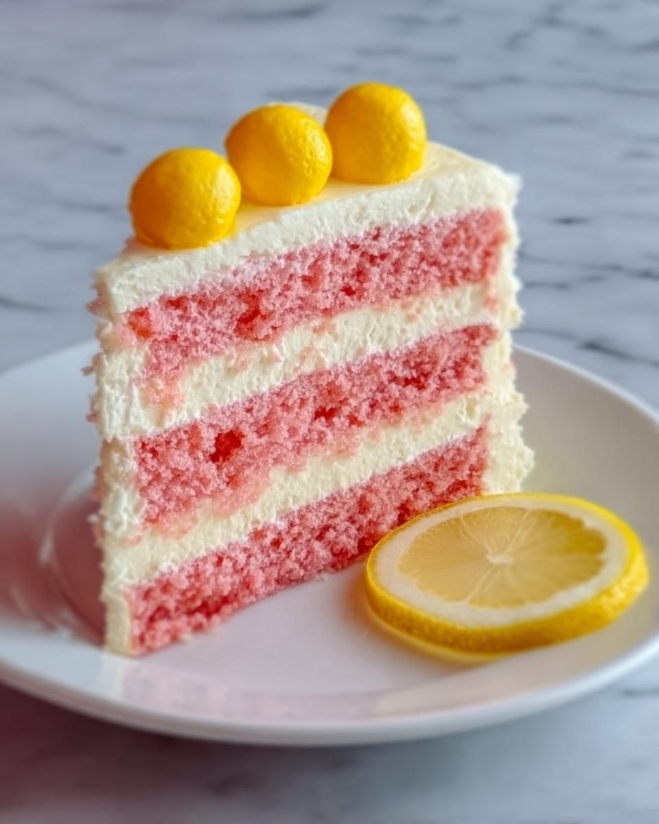 A tall slice of cake sits on a white plate with a white marbled background. The cake has four layers of pink sponge separated by light pink cream filling. The outside is covered in smooth, light cream frosting. On top, there are three small yellow round fruits and a thin slice of lemon for decoration. The cake looks soft and moist with a creamy texture on the outside and between layers. Photo taken with an iphone --ar 4:5 --v 7