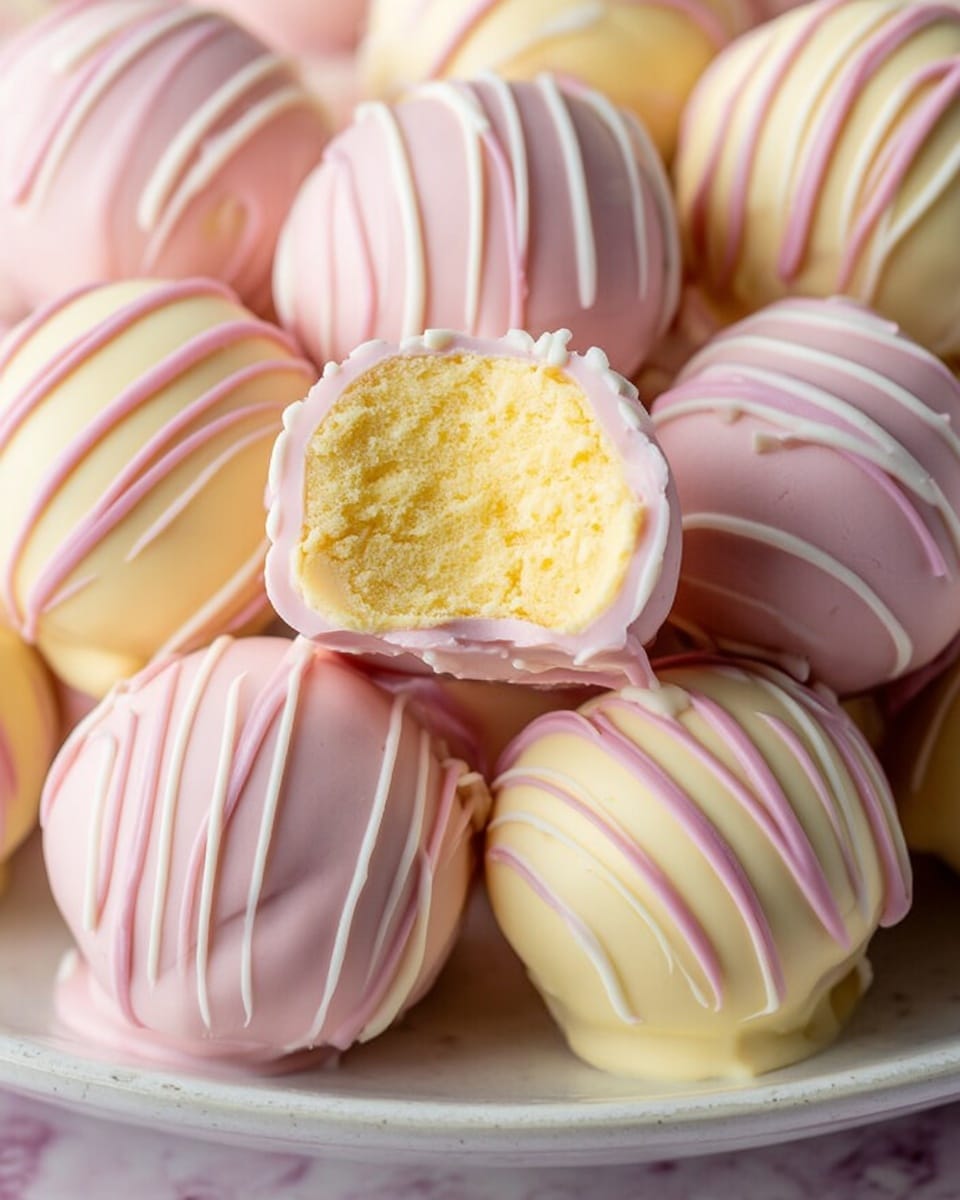 A close-up of round dessert balls coated with pastel pink and pale yellow smooth chocolate layers, each decorated with thin, wavy lines of contrasting pastel colors on top. One dessert ball is bitten, revealing a creamy, light yellow inside with a thick texture. The dessert balls rest together in a white bowl. The whole scene is set on a white marbled surface. photo taken with an iphone --ar 4:5 --v 7