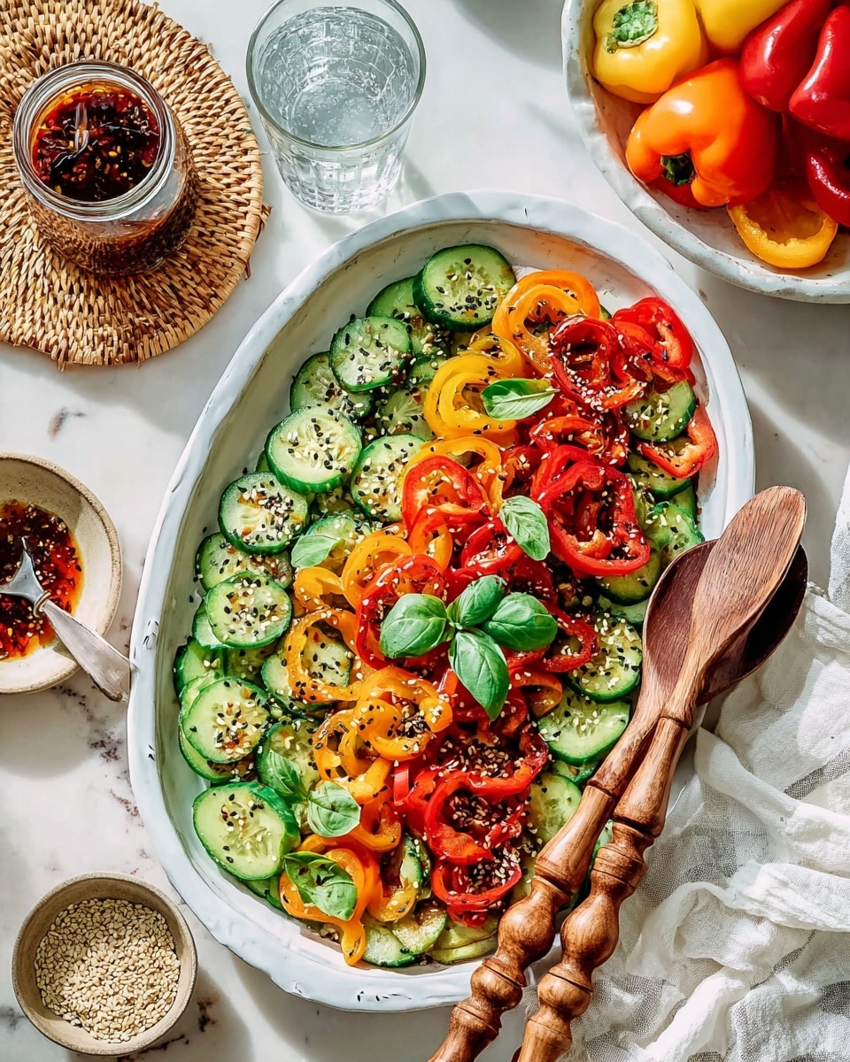 A white oval plate holds a fresh salad with two main layers: the bottom layer is made of bright green cucumber slices, thick and glossy, arranged all over the plate, and the top layer consists of colorful mini bell pepper rings in red, yellow, and orange, scattered evenly. The salad is sprinkled with small black and white sesame seeds and bits of seasoning, adding texture and contrast. Three small green basil leaves are placed on top for a fresh touch. On the right side of the plate, close to the edge, sit two long wooden salad servers with a twisted handle design. The plate is set on a white marbled surface, with a small glass bowl of dark sauce with a wooden spoon to the lower left, a wooden bowl of sesame seeds nearby, and a glass of water at the upper left. A white cloth is casually placed to the lower right corner. photo taken with an iphone --ar 4:5 --v 7
