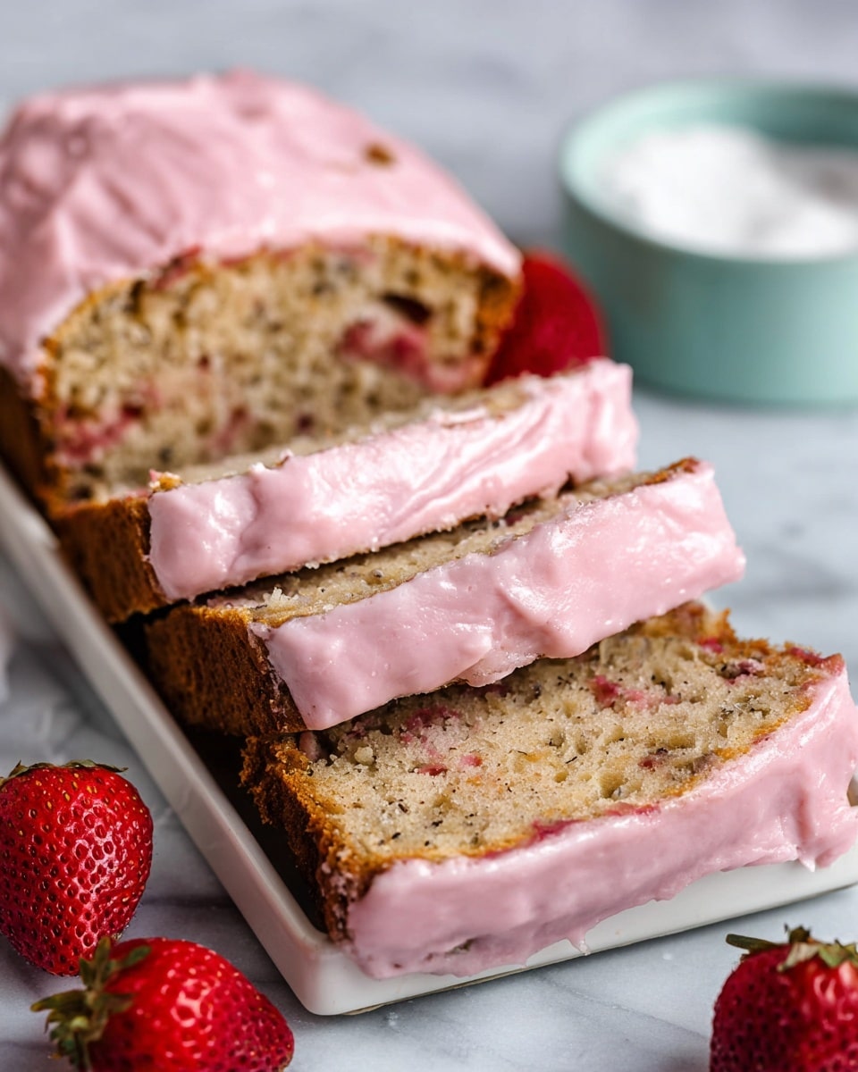 The image shows a sliced loaf of cake on a light blue tray placed on a white marbled surface. The cake has two visible layers: the inner layer is light brown with scattered bits of strawberries and a soft crumbly texture, while the outer layer is coated with thick, unevenly spread pink icing that has a slightly cracked appearance. Behind the tray, fresh red strawberries and a small container of white flour are visible, adding color contrast. The focus is on the sliced cake, highlighting the moist interior and thick pink topping. photo taken with an iphone --ar 4:5 --v 7