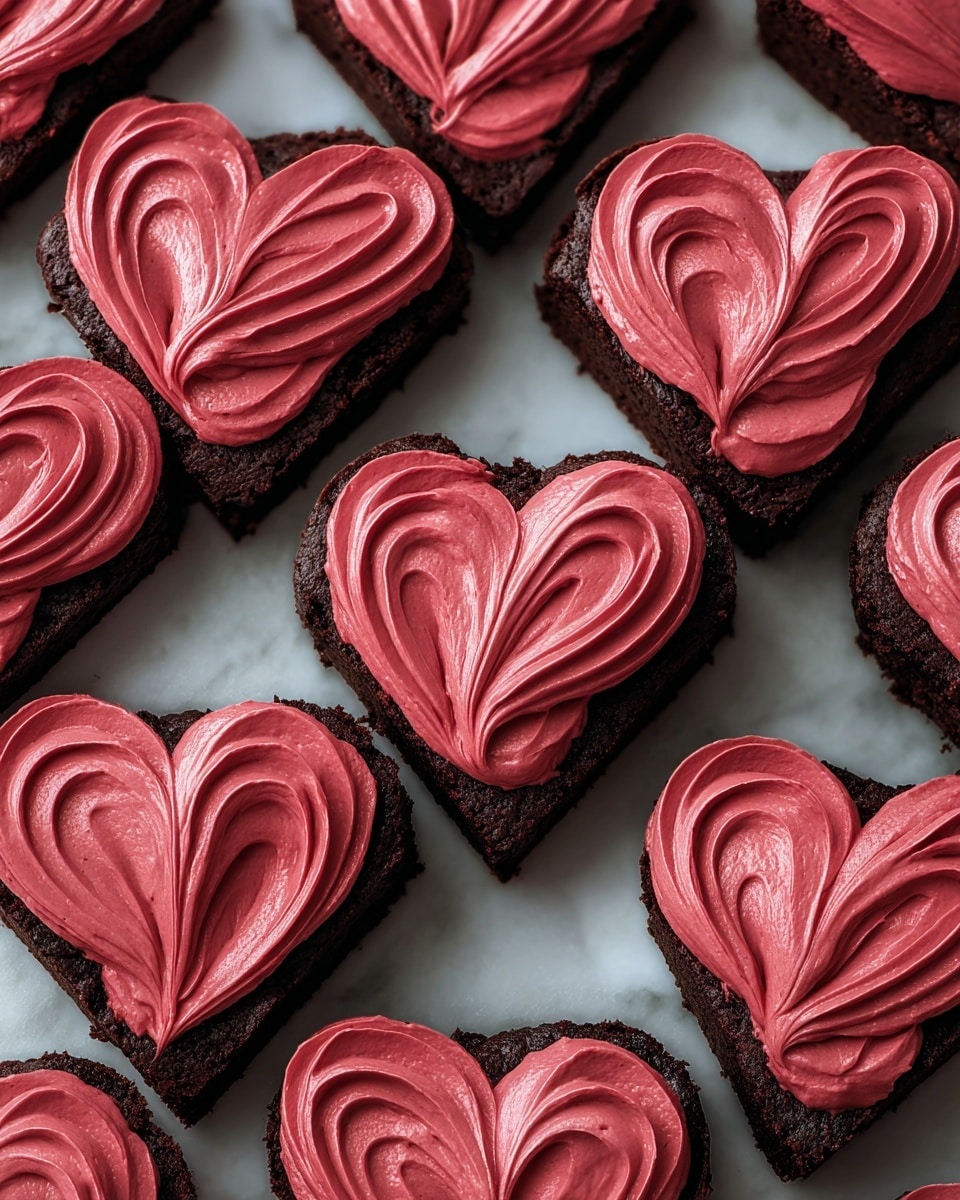 A close-up view shows multiple heart-shaped chocolate brownies arranged tightly together on a white marbled surface. Each brownie has two visible layers: a dense, dark chocolate base with a slightly rough texture, and a thick, smooth layer of red frosting on top. The frosting is swirled artistically into symmetrical heart patterns, adding soft curves and depth to the surface of each brownie. The overall look is rich and inviting, emphasizing the contrast between the dark brownie and the vibrant red frosting. photo taken with an iphone --ar 4:5 --v 7