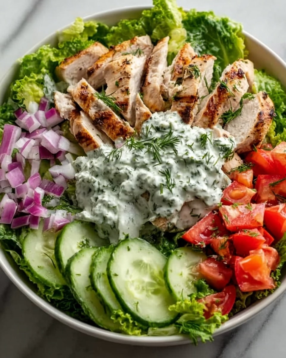 A white bowl on a white marbled surface holds a fresh salad with multiple layers. The base is made of green leafy lettuce leaves covering the bowl. On top, there are thick slices of grilled chicken breast with a light brown char, arranged in the center. Around the chicken, there are thick cucumber slices at the bottom edge, topped with chopped red tomatoes on one side. Creamy white dressing with chopped green herbs is spread generously over the chicken, garnished with thin slices of red onion. The colors are vibrant with green, red, white, and light brown forming a fresh, healthy look. Photo taken with an iphone --ar 4:5 --v 7