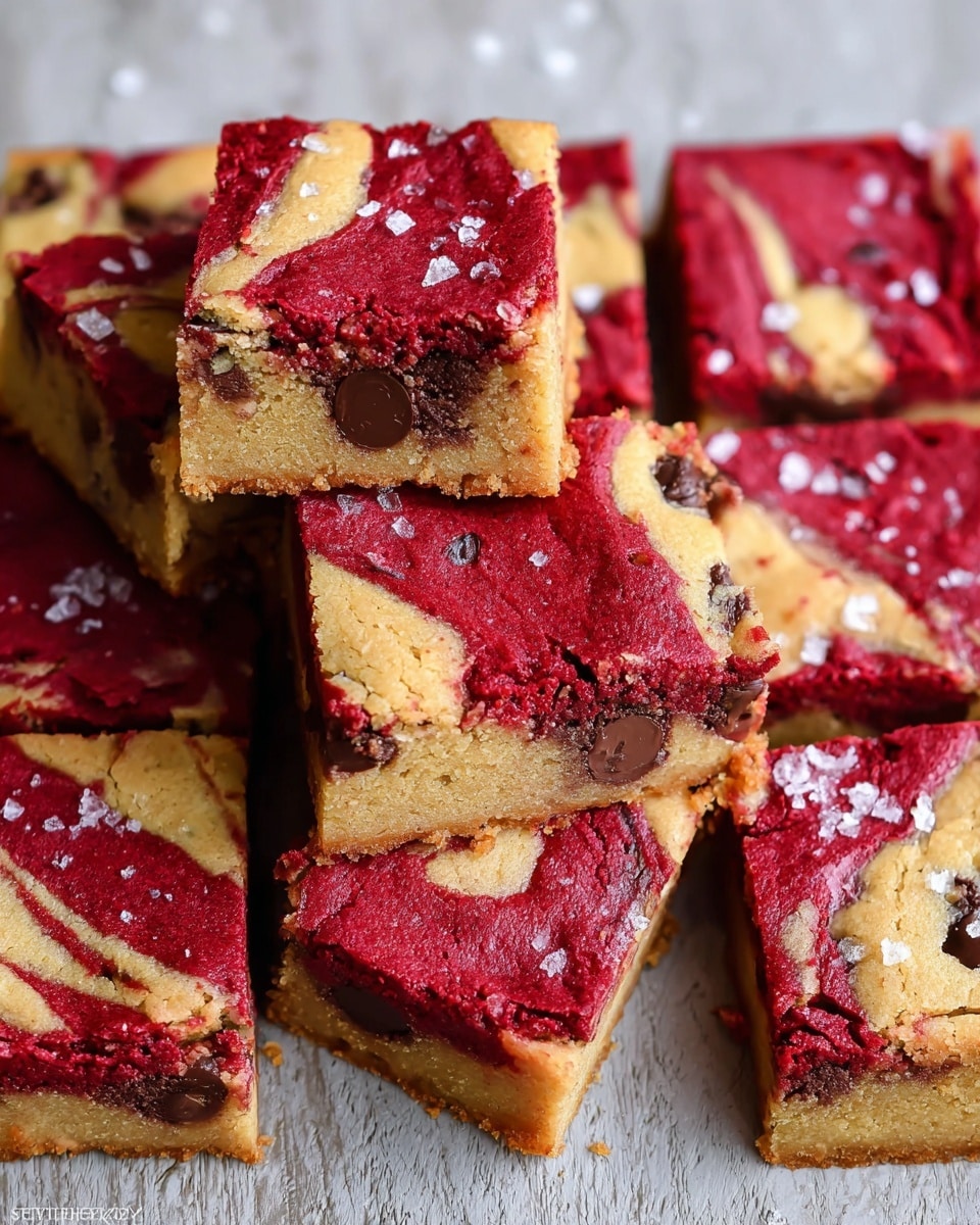 A close-up of square dessert bars cut into six pieces, each bar showing two main layers with a marbled pattern: a thick, soft-looking golden tan cookie dough layer with scattered shiny dark chocolate chips on top, mixed with a rich, deep red velvet layer that creates an irregular swirled design across the surface. The texture of the cookie layer looks crumbly and slightly cracked, while the red velvet layer is smooth and dense. Flakes of white sea salt are sprinkled lightly over the bars, enhancing their texture. The bars are placed on a white marbled surface and arranged close together, some stacked slightly on top of each other, with visible crumbs around. photo taken with an iphone --ar 4:5 --v 7