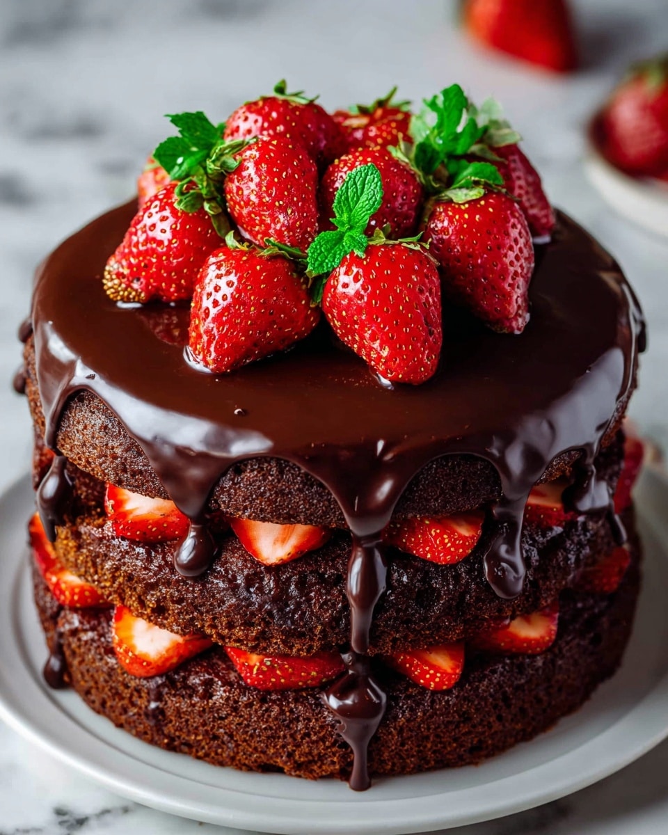 This image shows a two-layer chocolate cake on a white plate, with the bottom layer covered in a glossy dark chocolate glaze dripping down the sides. Between the layers, bright red sliced strawberries are placed along the edge, visible through the gap. The top layer is also covered with the same dark chocolate glaze that spills over the edges. On top of the cake, there is a heap of whole fresh strawberries with green leaves, and a few fresh green mint leaves add contrast. The cake sits on a white marbled surface. photo taken with an iphone --ar 4:5 --v 7