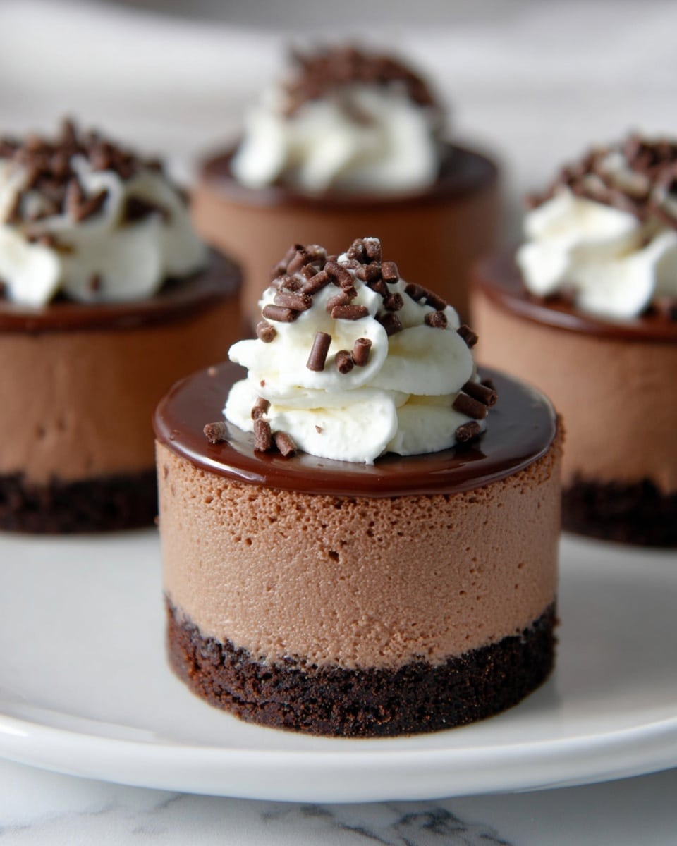 The image shows small round chocolate mousse cakes with three clear layers: the bottom layer is a dark chocolate cake base, the middle layer is a thick, smooth milk chocolate mousse, and the top layer is a shiny dark chocolate glaze. On top of each cake is a dollop of white whipped cream with a soft, fluffy texture, decorated with small dark brown chocolate sprinkles. The cakes are placed on a white plate set on a white marbled surface, with the focus on the nearest cake while the others blur softly in the background. Photo taken with an iphone --ar 4:5 --v 7
