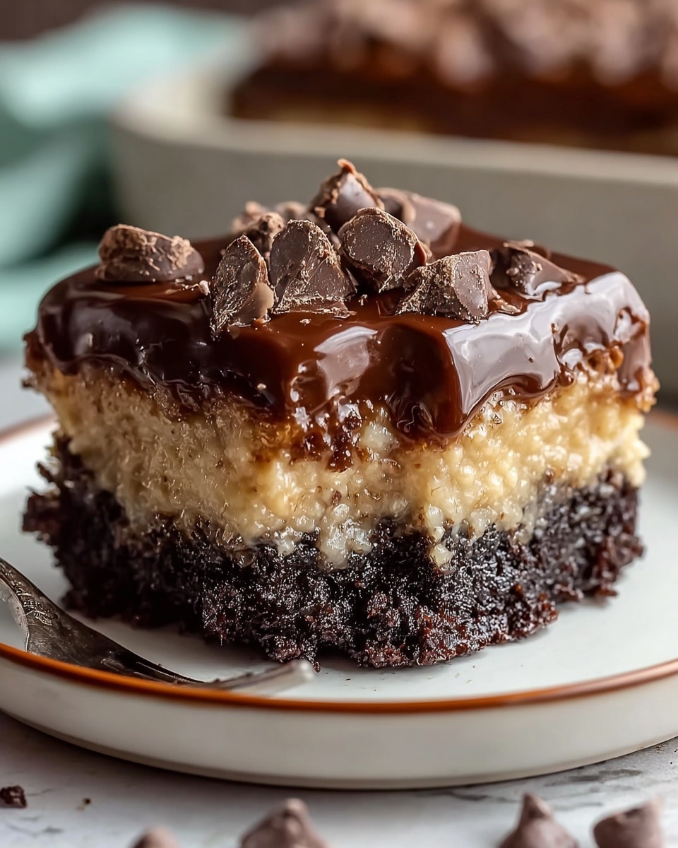 A close-up of a three-layer dessert piece on a white plate featuring a dark brown, moist, crumbly chocolate cake base, topped with a thick, light golden caramel or coconut layer that appears gooey and sticky, all covered by a glossy, rich milk chocolate glaze that drips slightly down the sides. On top, there are several chunks of dark chocolate and chocolate chips scattered unevenly, adding texture and depth. The background is softly blurred with a white marbled texture visible beneath the plate. Photo taken with an iphone --ar 4:5 --v 7