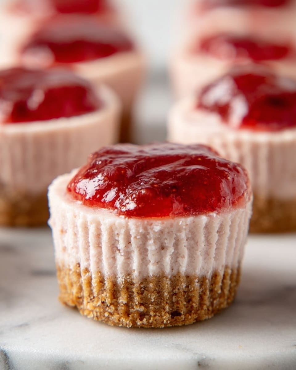 The image shows a close-up view of a mini cheesecake with three clear layers: the bottom crust layer is a coarse, crumbly light brown, the thick middle cheesecake layer is creamy with a light pink hue and soft texture, and the top layer is a glossy, chunky red strawberry topping covering the entire surface. The cheesecake is unwrapped but the imprint of the paper liner is visible on the sides. In the background, other mini cheesecakes with similar layers are slightly out of focus, all placed on a white marbled surface. photo taken with an iphone --ar 4:5 --v 7