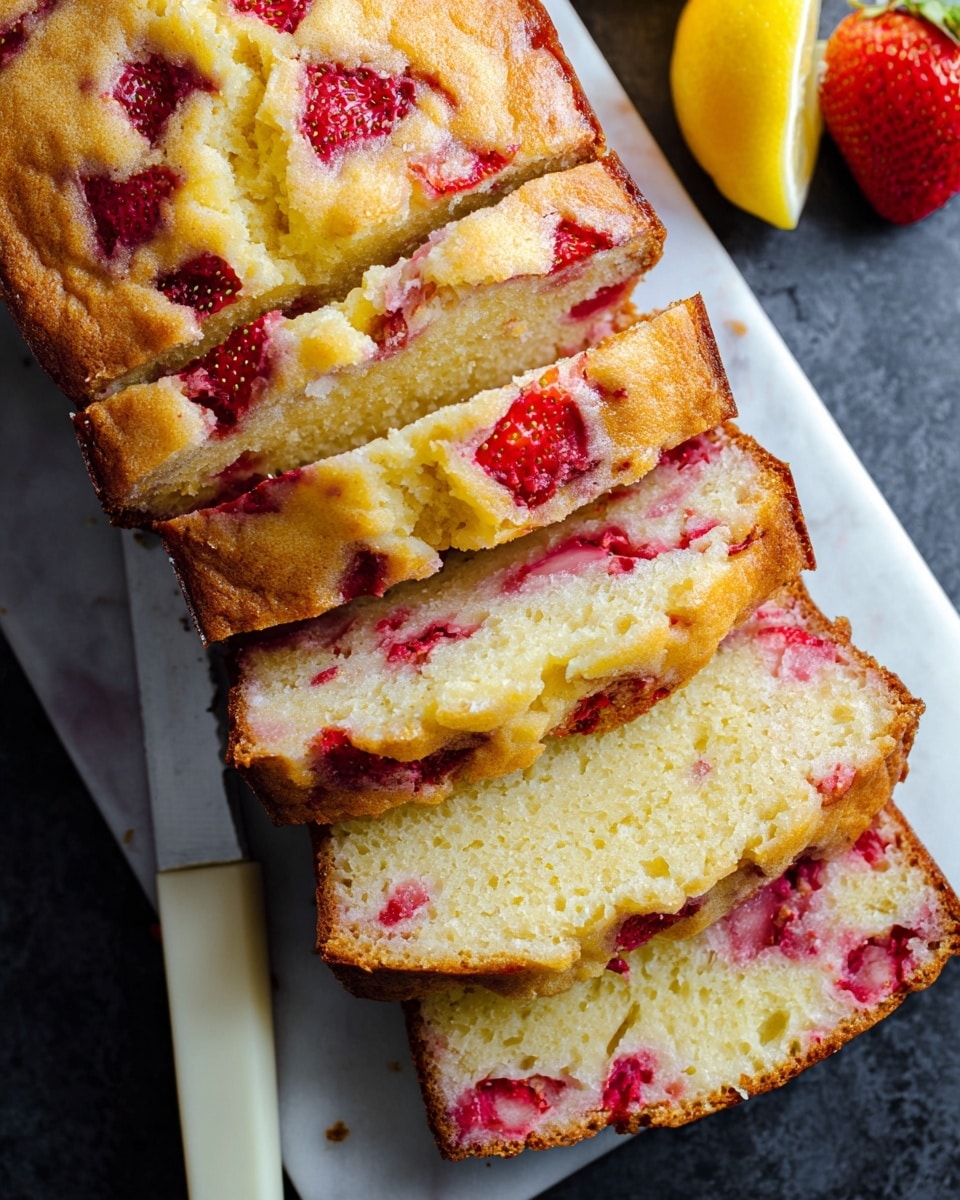 A loaf of strawberry cake is sliced into five pieces, stacked slightly unevenly on a white marbled surface. The cake has a golden-brown crust with visible juicy red strawberry pieces embedded in the top and inside. The inside texture is light yellow with small strawberry bits and a moist crumb. A slice lies flat below the stack, revealing the soft inside scattered with strawberries. A lemon and a strawberry sit to the side, adding bright yellow and red colors contrasted against the dark background. A serrated knife rests nearby. photo taken with an iphone --ar 4:5 --v 7