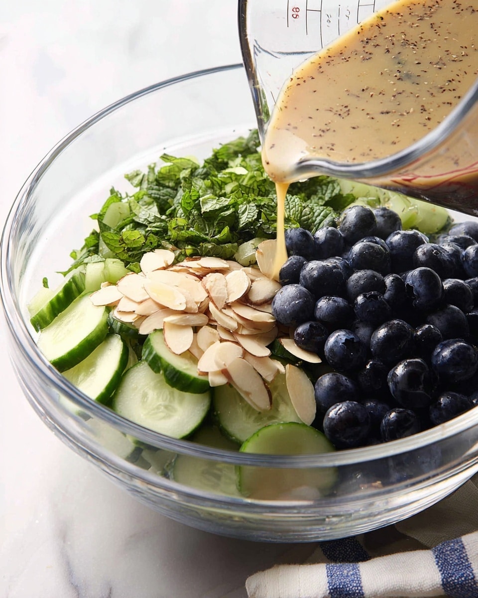 A clear glass bowl holds a fresh salad with four visible layers: bright green chopped leafy herbs in the back left corner, dark blue round blueberries next to it on the right, pale toasted almond slices in the front right, and light green cucumber chunks with darker green skin in the front left. A woman's hand is pouring a light beige dressing with tiny black specks from a clear measuring cup over the salad. The bowl is placed on a white marbled surface with a white cloth with blue stripes peeking underneath. photo taken with an iphone --ar 4:5 --v 7