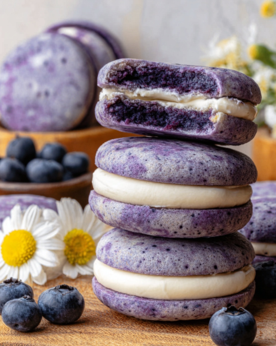 The image shows a stack of four round, purple-blue cookies with a marbled pattern on a white marbled surface. Each cookie has a smooth white cream layer sandwiched in the middle, making two halves joined by the cream. One cookie on the top of the stack is broken in half, revealing a soft, gooey white and light purple filling inside, with some melted yellowish bits. Around the stack, there are whole cookies and a few fresh blueberries scattered. A small white daisy flower is placed near the cookies, adding a delicate touch. The lighting is soft, highlighting the texture of the cookies and cream. Photo taken with an iphone --ar 4:5 --v 7