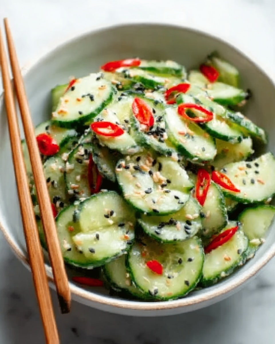 A white bowl filled with a fresh cucumber salad, featuring thinly sliced cucumbers layered throughout, with small pieces of red chili scattered on top and mixed inside. The salad has a light green and white color from the cucumbers and dressing, with black sesame seeds sprinkled evenly over it. The texture looks crisp and moist, with some small herbs mixed in for extra detail. The bowl sits on a white marbled surface, and a pair of wooden chopsticks kneeling into the salad can be partially seen. Photo taken with an iphone --ar 4:5 --v 7