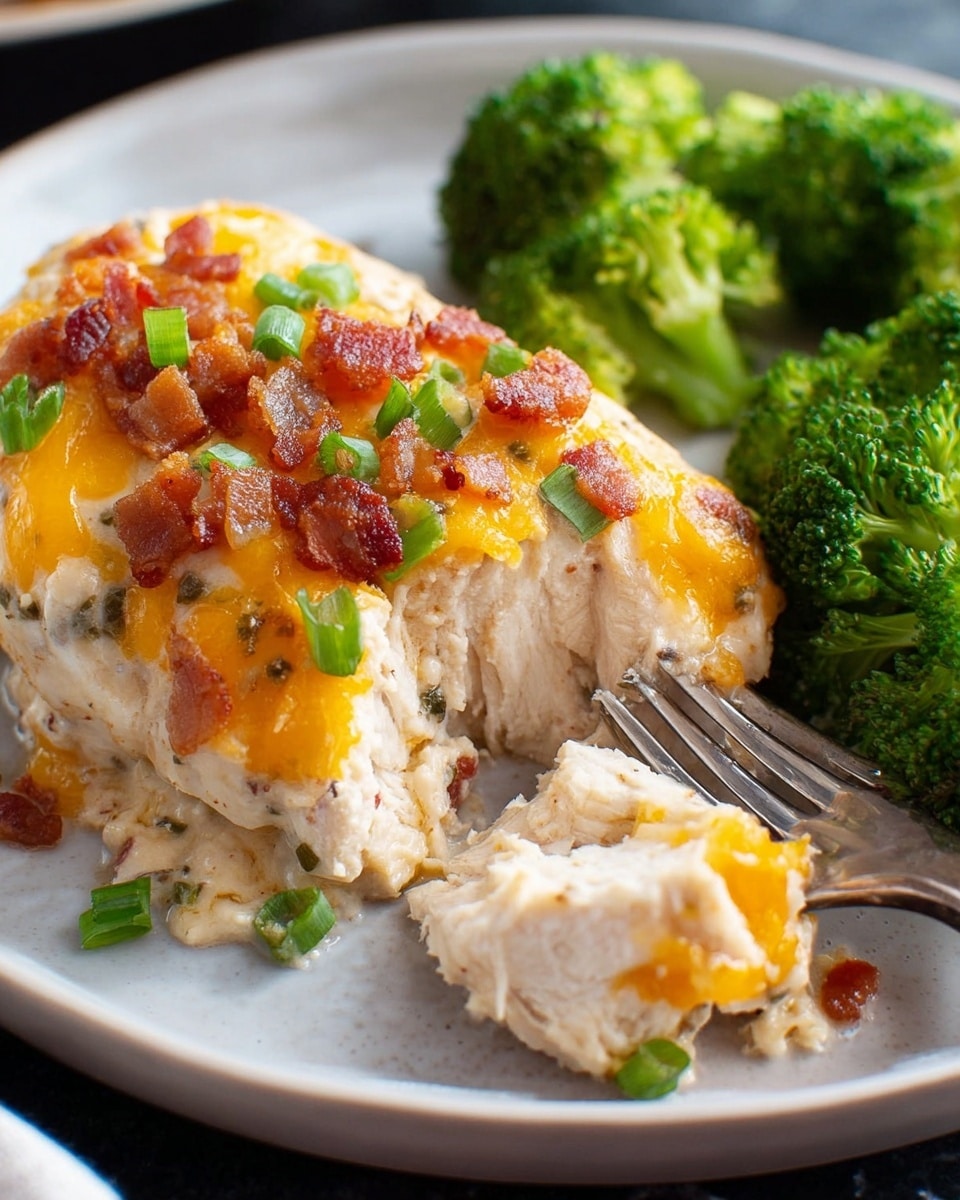A white plate holds a thick slice of chicken breast covered with melted golden cheddar cheese mixed with small bits of crispy bacon and chopped green onions, creating a bright yellow and green topping. The chicken layer is creamy white with a soft texture, cut partially by a fork with a small piece on the fork’s tip. Behind the chicken, bright green steamed broccoli florets add a fresh contrast. The plate sits on a white marbled surface. photo taken with an iphone --ar 4:5 --v 7