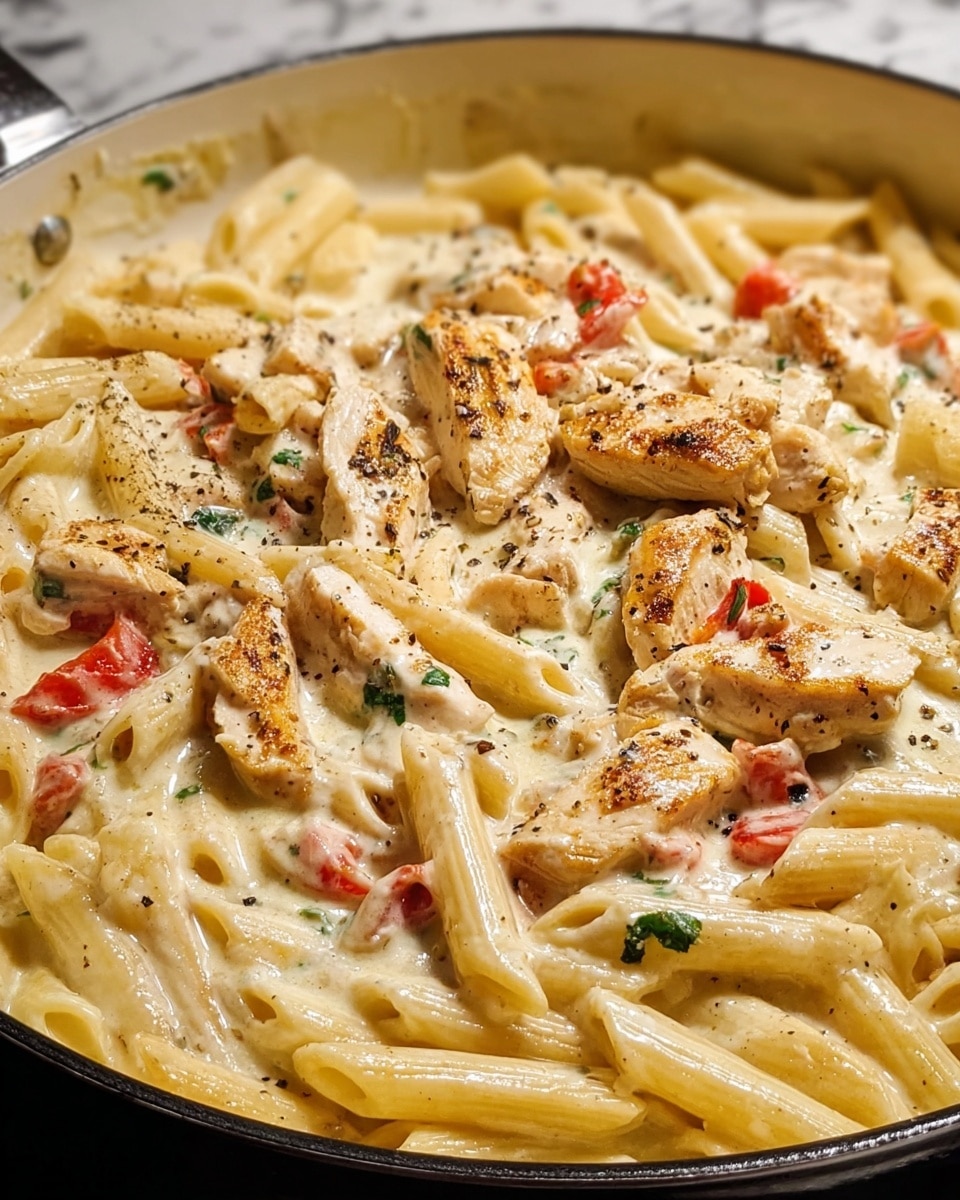 A close-up of creamy penne pasta with pieces of white chicken scattered throughout, mixed with small bits of red tomatoes and green herbs, all coated in a thick, light beige sauce speckled with black pepper on top, served in a white bowl with a white marbled surface around it. photo taken with an iphone --ar 4:5 --v 7