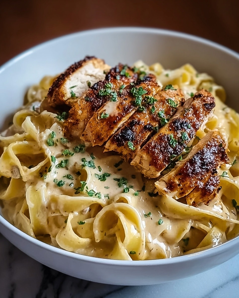 A dark bowl filled with creamy light beige fettuccine pasta, coated in a smooth sauce with visible small herbs. On top, there is a sliced grilled chicken breast with a golden-brown, slightly crispy skin and some green herbs sprinkled over it. The pasta noodles have a wavy texture and are closely packed, with the chicken placed neatly in the center. The background is a white marbled surface. Photo taken with an iphone --ar 4:5 --v 7