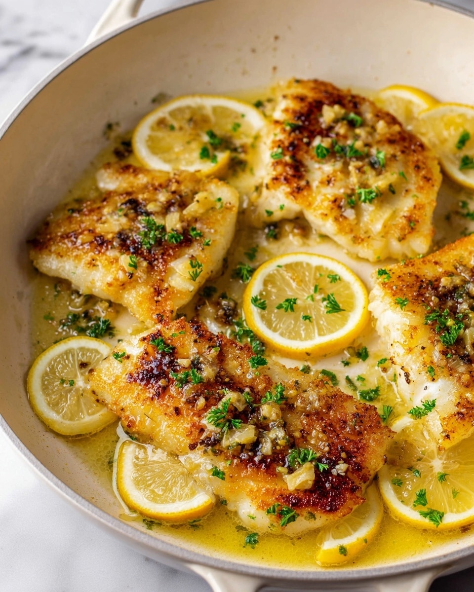 A white frying pan filled with four pieces of golden-brown fried fish fillets, each with a crispy, slightly charred texture and glistening with a butter sauce speckled with small bits of garlic. Bright yellow lemon slices are scattered on top and between the fish pieces, some slightly cooked with a soft shine, adding a pop of color. Fresh green parsley is sprinkled over everything, providing a fresh contrast to the warm tones. The pan sits on a white marbled surface. photo taken with an iphone --ar 4:5 --v 7