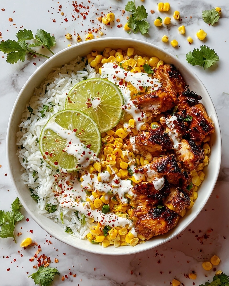 A white bowl filled with three main layers: the bottom layer is white rice with some green herb bits mixed in, the middle layer is bright yellow corn kernels spread over half the rice, and the top layer has pieces of grilled chicken with a charred, dark brown color sprinkled with chopped green herbs. On one side, there are creamy white sauce dollops with red chili flakes scattered on top, and on the other side, there are three lime wedges placed over the corn. The bowl sits on a white marbled surface with scattered herbs and corn around it. Photo taken with an iphone --ar 4:5 --v 7
