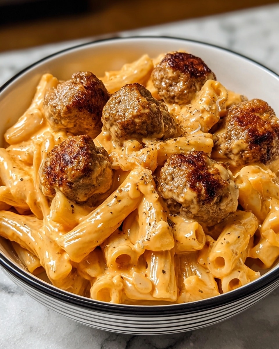 A white bowl filled with creamy orange-colored penne pasta, evenly coated in sauce. On top, there are seven browned meatballs with a slightly shiny glaze, scattered but mostly centered on the pasta. The meatballs have a textured, slightly rough surface with a golden-brown color. The bowl sits on a white marbled surface. photo taken with an iphone --ar 4:5 --v 7