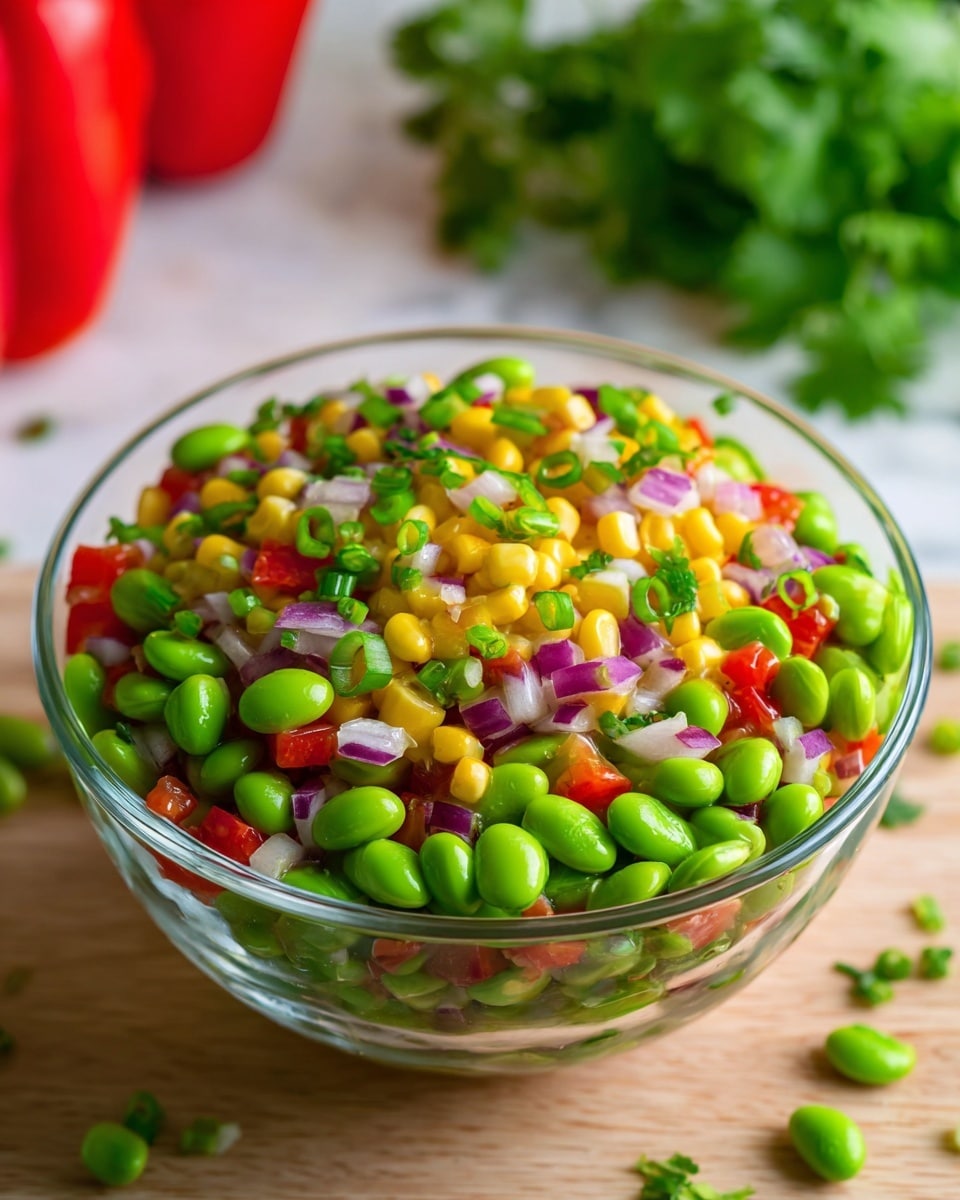 A clear glass bowl filled with a colorful salad sits on a white marbled surface. The salad has several layers of chopped vegetables: bright green edamame beans, yellow corn kernels, red bell pepper cubes, finely chopped purple onion, and small sliced green onions, all mixed together with bits of fresh green cilantro scattered on top. In the background, there are whole red bell peppers, green limes, and some cilantro leaves slightly out of focus. Photo taken with an iphone --ar 4:5 --v 7