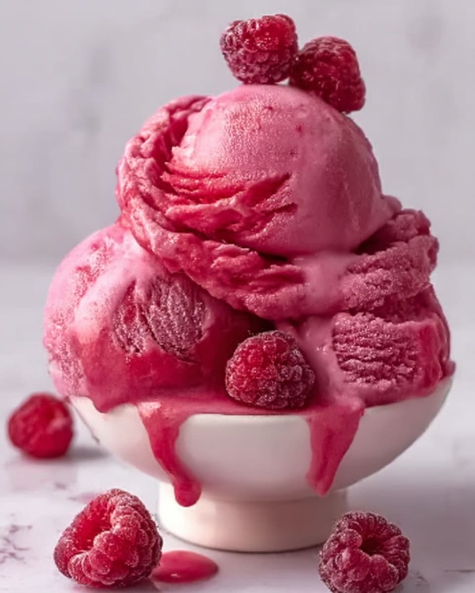 A clear glass cup filled with bright pink raspberry ice cream, with three thick swirls stacked on top of each other. Around the glass, fresh red raspberries are placed, some leaning against the ice cream, showing their bumpy texture. The ice cream has a smooth, creamy look with small dips and ridges. The background is a white marbled surface. photo taken with an iphone --ar 4:5 --v 7