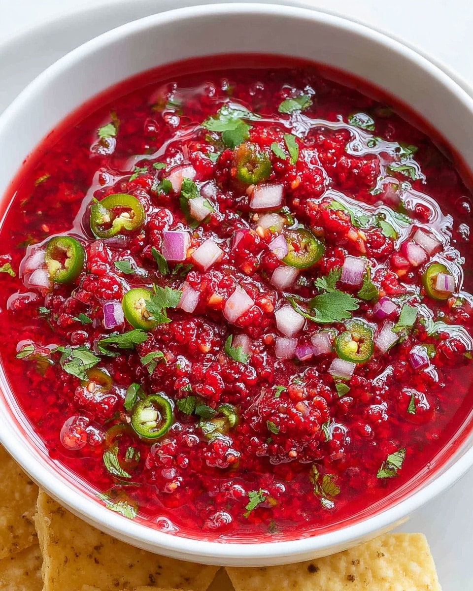 A white bowl filled with a chunky, bright red salsa made of crushed raspberries, finely chopped light purple onions, small green jalapeño slices, and fresh green cilantro leaves mixed throughout. The salsa has a glossy, wet texture with visible seeds and juice pooling around the edges. The bowl sits on a white marbled surface with some light yellow tortilla chips partially visible on the left side. photo taken with an iphone --ar 4:5 --v 7