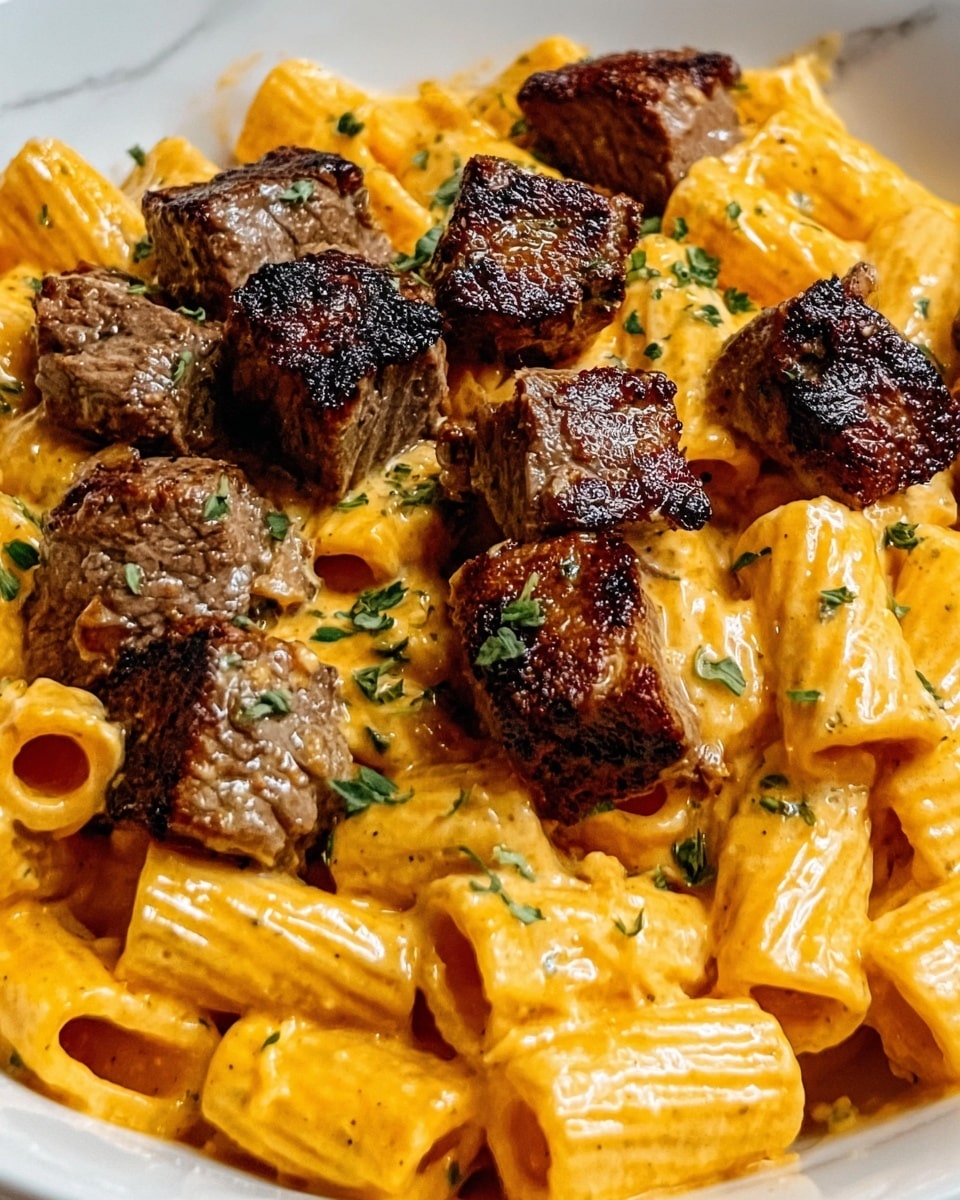 This close-up image shows a white plate filled with creamy rigatoni pasta and topped with grilled beef cubes. The rigatoni pasta is coated in a rich orange sauce, with a smooth and slightly glossy texture, arranged as the bottom layer covering the plate. On top, evenly spread beef cubes are well-seared, showing a brown crust and juicy interior. Small green herb flakes are sprinkled over the pasta and beef, adding a touch of color. The background features a white marbled texture. Photo taken with an iphone --ar 4:5 --v 7