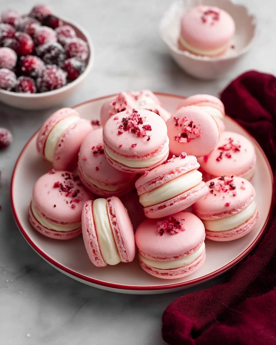A white plate with a red rim is filled with pink macarons, each having two smooth, round, light pink shells sandwiching a thick layer of white cream in the middle. Some macarons are decorated with crumbled red berry bits on top, adding texture and a pop of darker red color. The plate is placed on a white marbled surface, with a white bowl of sugared cranberries nearby, and a deep red cloth partially visible in the bottom left corner of the image. The overall look is soft, delicate, and inviting. photo taken with an iphone --ar 4:5 --v 7