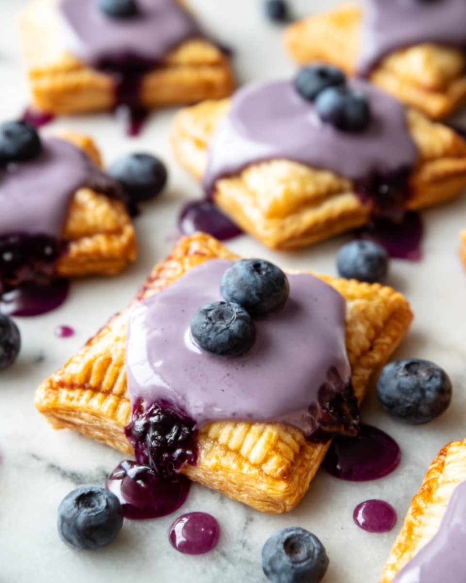 The image shows four square-shaped pastries with golden, flaky crusts resting on a white marbled surface, each pastry topped with a thick, smooth layer of purple-blue frosting that looks creamy and glossy. One pastry is cut open, revealing a soft, juicy blueberry filling oozing out, creating a small pool of deep purple juice on the surface. Fresh blueberries are scattered around the pastries, adding a contrast with their shiny, dark blue color. Photo taken with an iphone --ar 4:5 --v 7