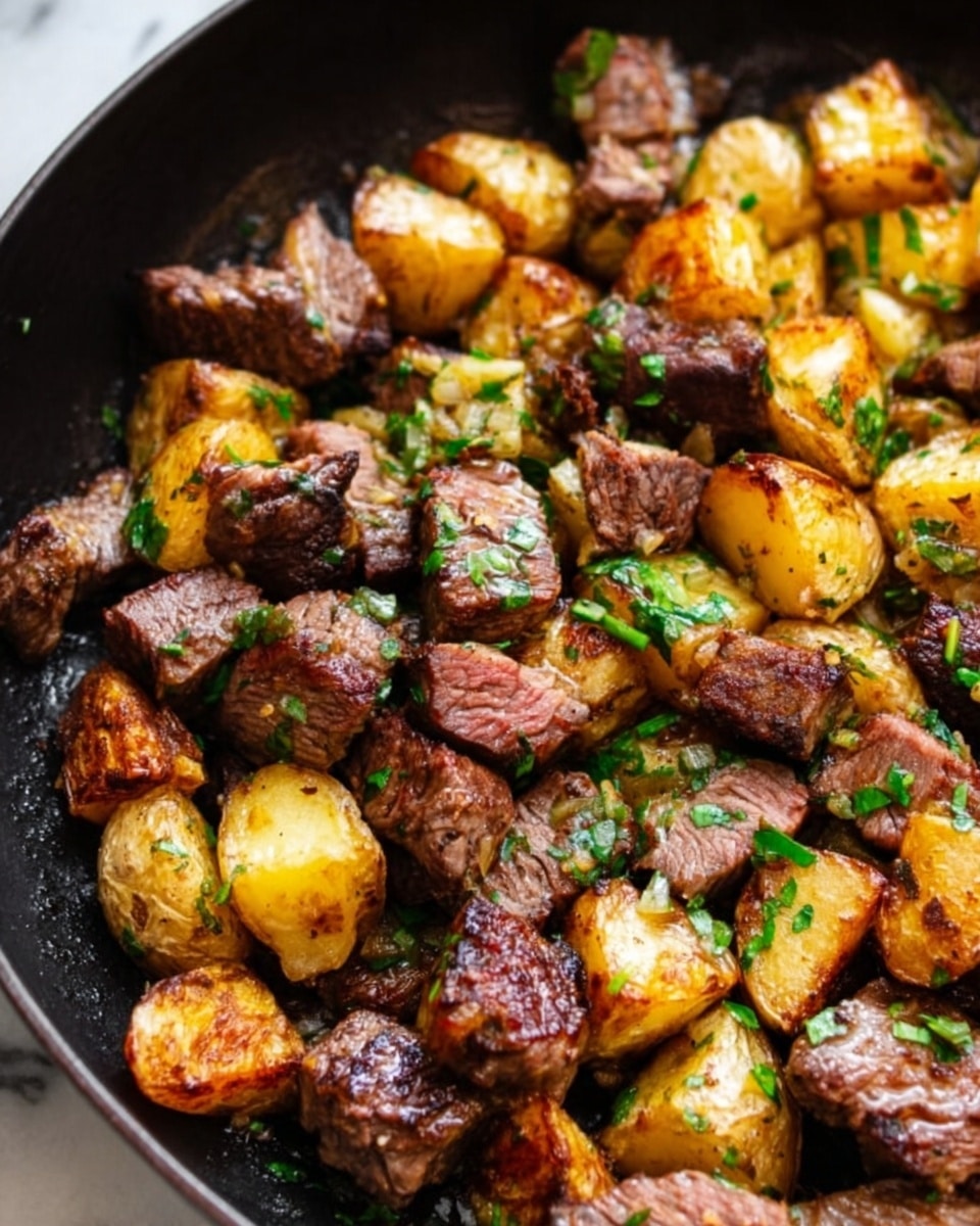 The image shows a close-up of a black skillet filled with cooked pieces of beef and golden roasted potatoes. The beef cubes are browned with a slightly crispy outside and some pink inside, while the potatoes have a crispy golden texture with soft edges. Small green herb pieces, possibly parsley, are sprinkled on top for color. The skillet is placed on a white marbled surface. Photo taken with an iphone --ar 4:5 --v 7
