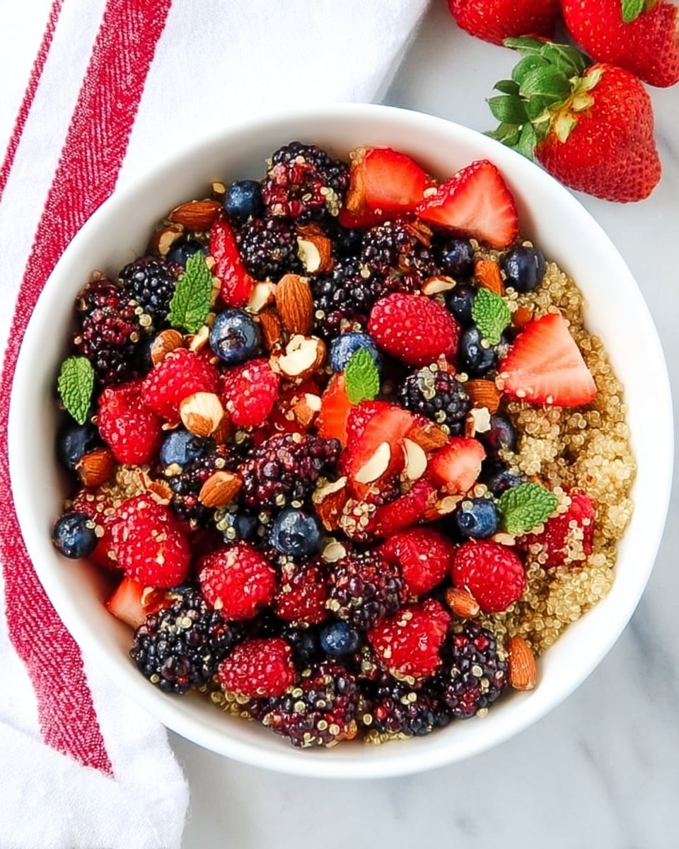 A white bowl filled with a colorful mix of fresh fruit and nuts on a white marbled surface. The base layer is made up of cooked red quinoa, showing its grainy texture, scattered throughout the bowl. On top of this are whole and halved bright red strawberries, plump red raspberries, deep black blackberries, and small round blue blueberries. Mixed in are light brown almonds and some small green mint leaves scattered evenly, adding a fresh contrast. The ingredients fill the bowl evenly, creating a vibrant and textured fruit and nut salad mix. Photo taken with an iphone --ar 4:5 --v 7