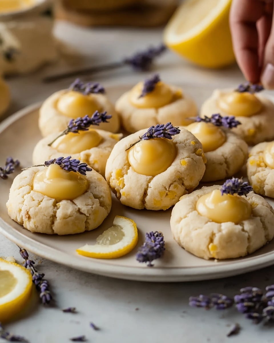 The image shows a white plate filled with soft, round cookies that have a light yellow dough with small lemon zest specks. Each cookie is about two layers high, with a thick base of crumbly dough and a glossy, smooth dollop of yellow lemon curd or cream in the center, topped with small sprigs of purple lavender for decoration. The cookies are piled in the middle, and around the plate are a few lavender stems and lemon slices, all set on a white marbled surface. The arrangement and lighting give a fresh and delicate feel. photo taken with an iphone --ar 4:5 --v 7