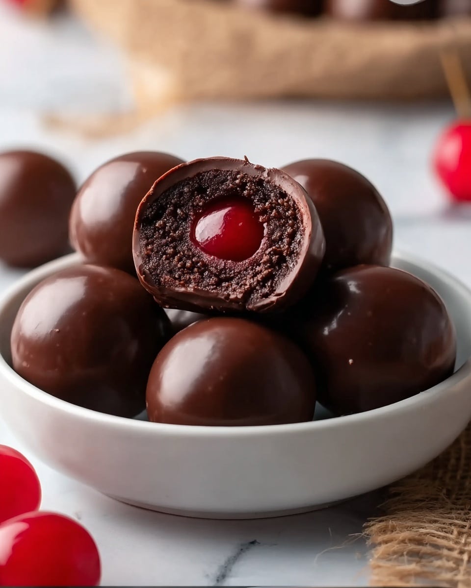 The image shows a close-up of several round chocolate balls on a white plate set on a white marbled surface. One chocolate ball is broken open at the center, revealing a glossy, bright red cherry inside. The outer chocolate shell is smooth and dark brown, while the chocolate layer surrounding the cherry looks dense and slightly crumbly with a rich, darker brown color. The cherries in the background add a touch of red, contrasting with the brown chocolates. photo taken with an iphone --ar 4:5 --v 7