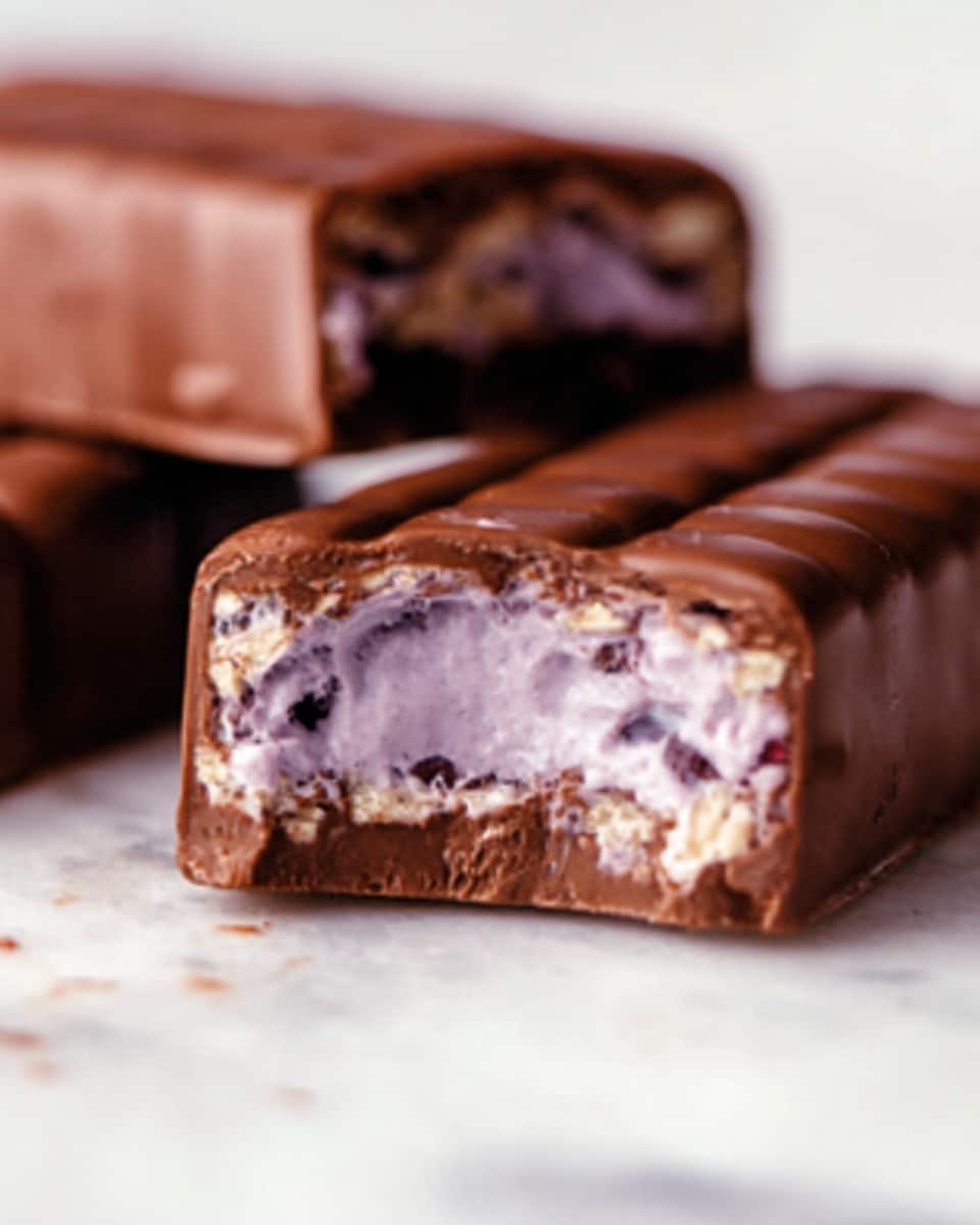 A close-up view of a chocolate bar with a bite taken out, revealing three layers inside: a light purple creamy layer mixed with small crunchy bits, followed by a darker purple layer, all covered by a smooth, dark brown chocolate coating with fine horizontal lines on top. The chocolate bar is placed on a white marbled surface with small chocolate crumbs around it. Photo taken with an iphone --ar 4:5 --v 7