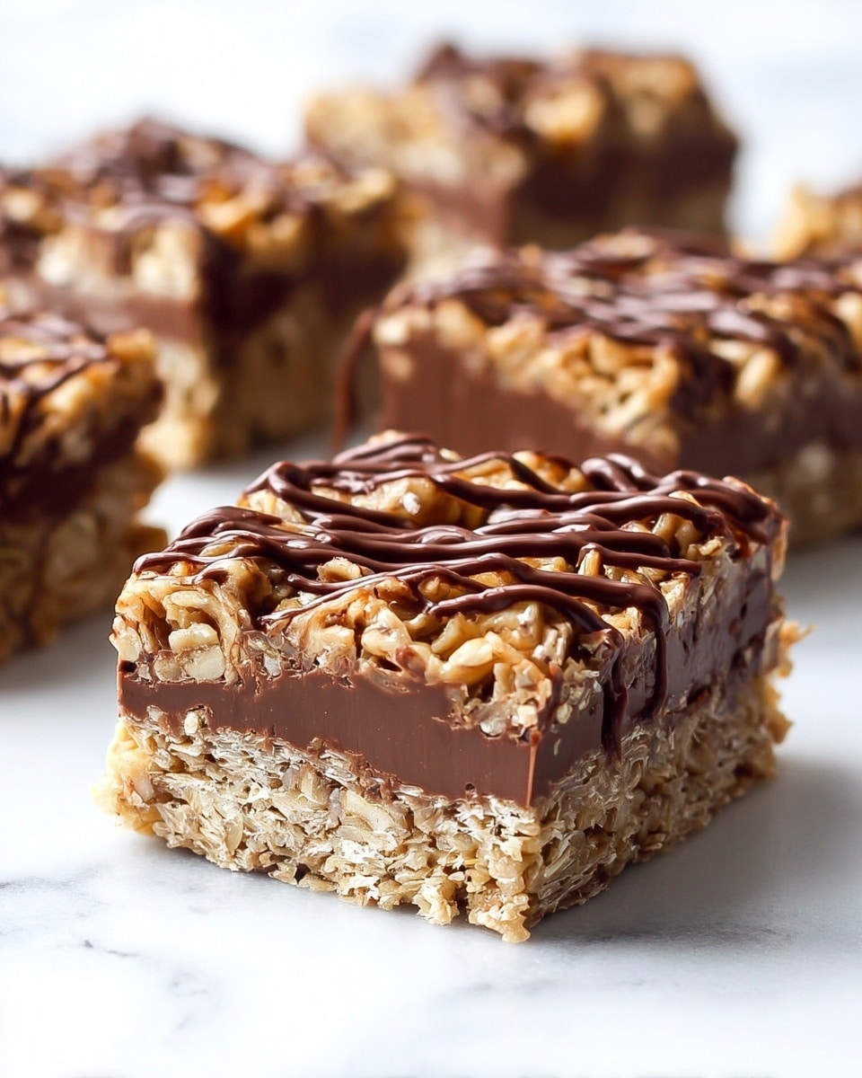 The image shows a square-shaped oat and chocolate bar with three main layers. The bottom layer is light golden-brown, crumbly, and oat-based, thick and solid. The middle layer is creamy and smooth chocolate with bits of oats mixed inside, blending in a marbled way with the bottom oat layer. The top layer is thick oatmeal textured with whole oats and some small clusters, drizzled with thin lines of dark chocolate syrup giving a glossy finish. The bars are placed on a white marbled surface, and the focus is on the front bar with blurred similar bars in the background. Photo taken with an iphone --ar 4:5 --v 7